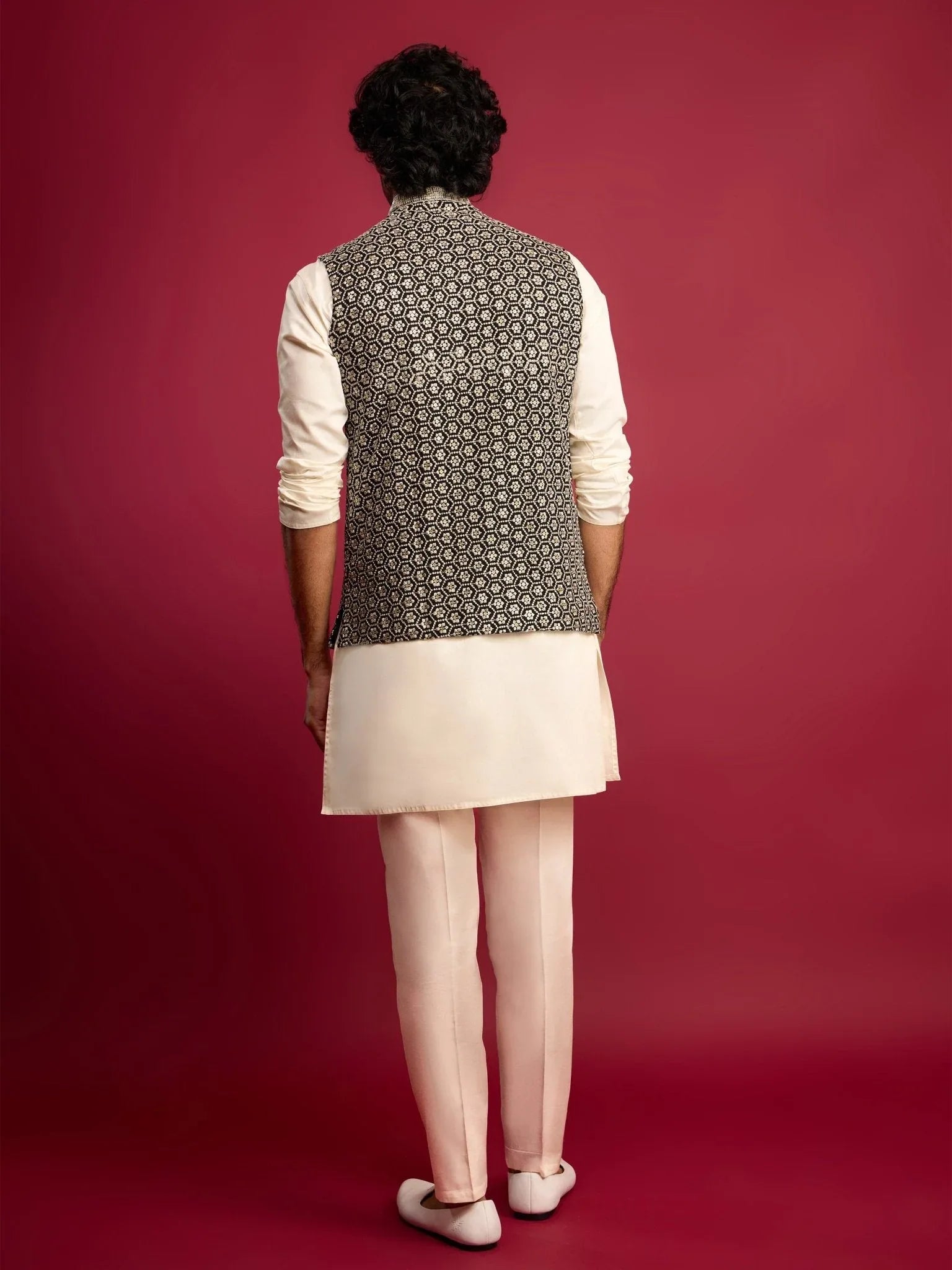 Men's Black Sequin & Thread Embroidered Nehru Jacket with Cream Satin Kurta & Pants Set
