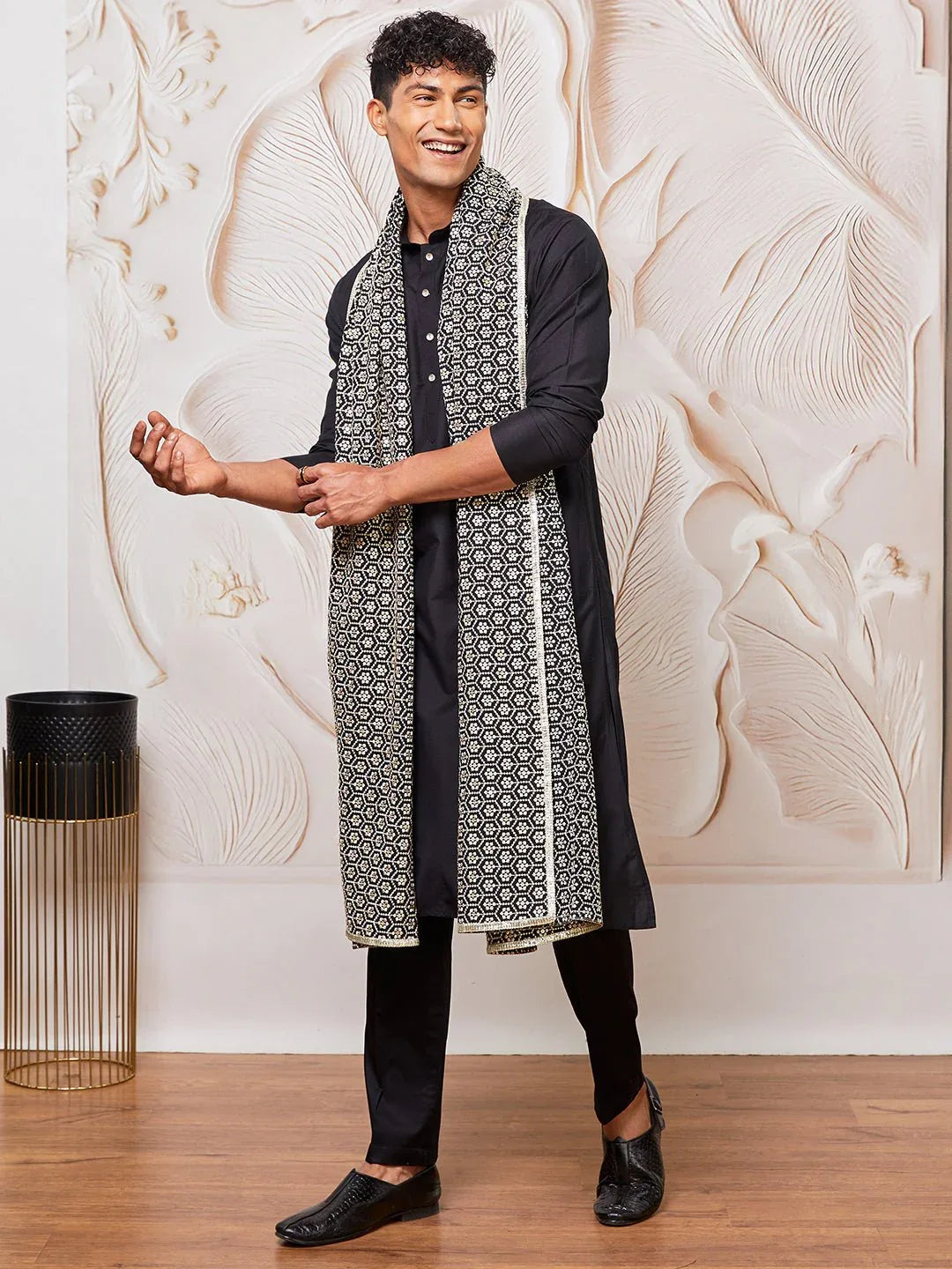 Men's Black Silk Blend Kurta Pyjama Set with Black Embroidered Dupatta