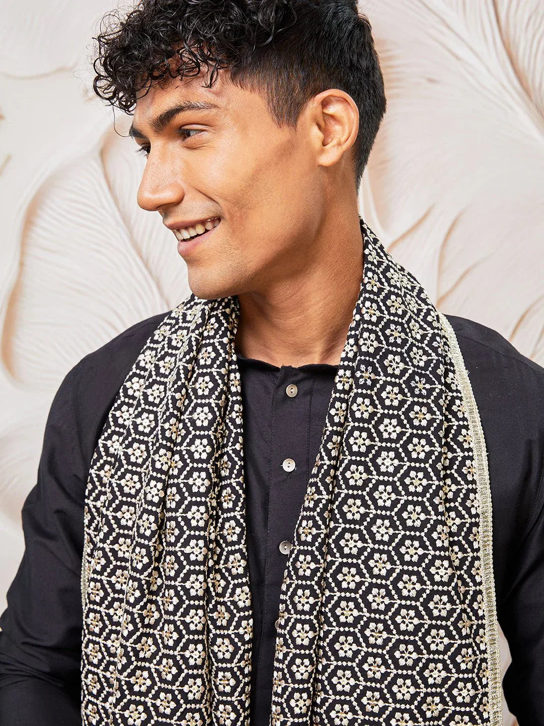 Men's Black Silk Blend Kurta Pyjama Set with Black Embroidered Dupatta