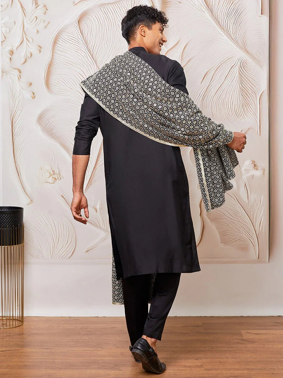 Men's Black Silk Blend Kurta Pyjama Set with Black Embroidered Dupatta