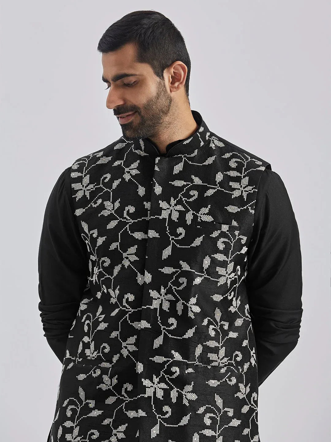 Men's Black Silk Blend Kurta Pyjama Set with Embroidered Dupion Nehru Jacket