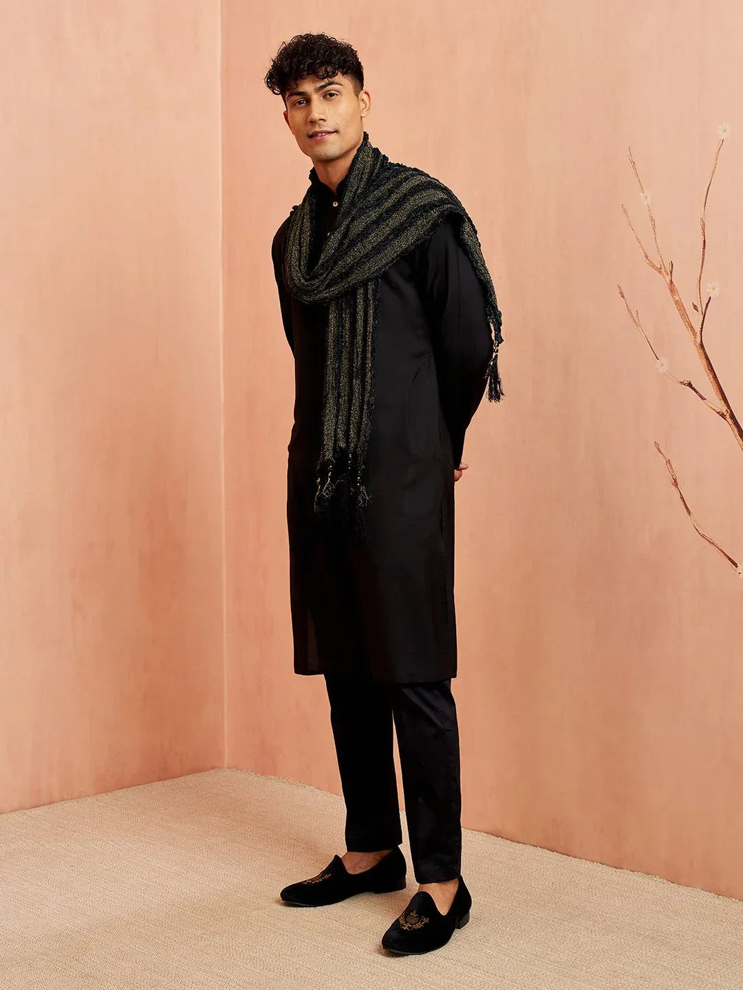 Men's Black Silk Blend Kurta Pyjama Set with Solid Black Crushed Dupatta