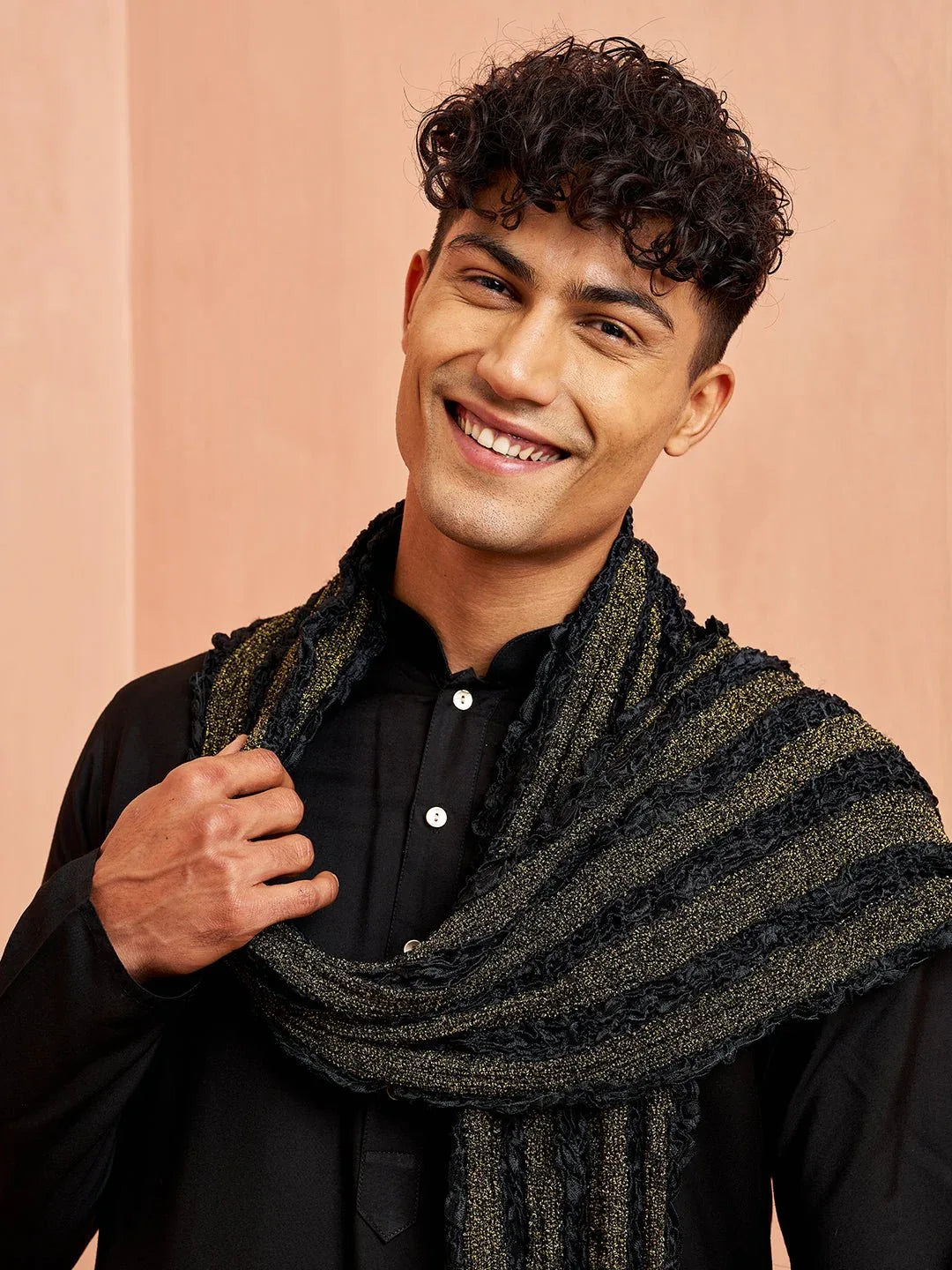 Men's Black Silk Blend Kurta Pyjama Set with Solid Black Crushed Dupatta