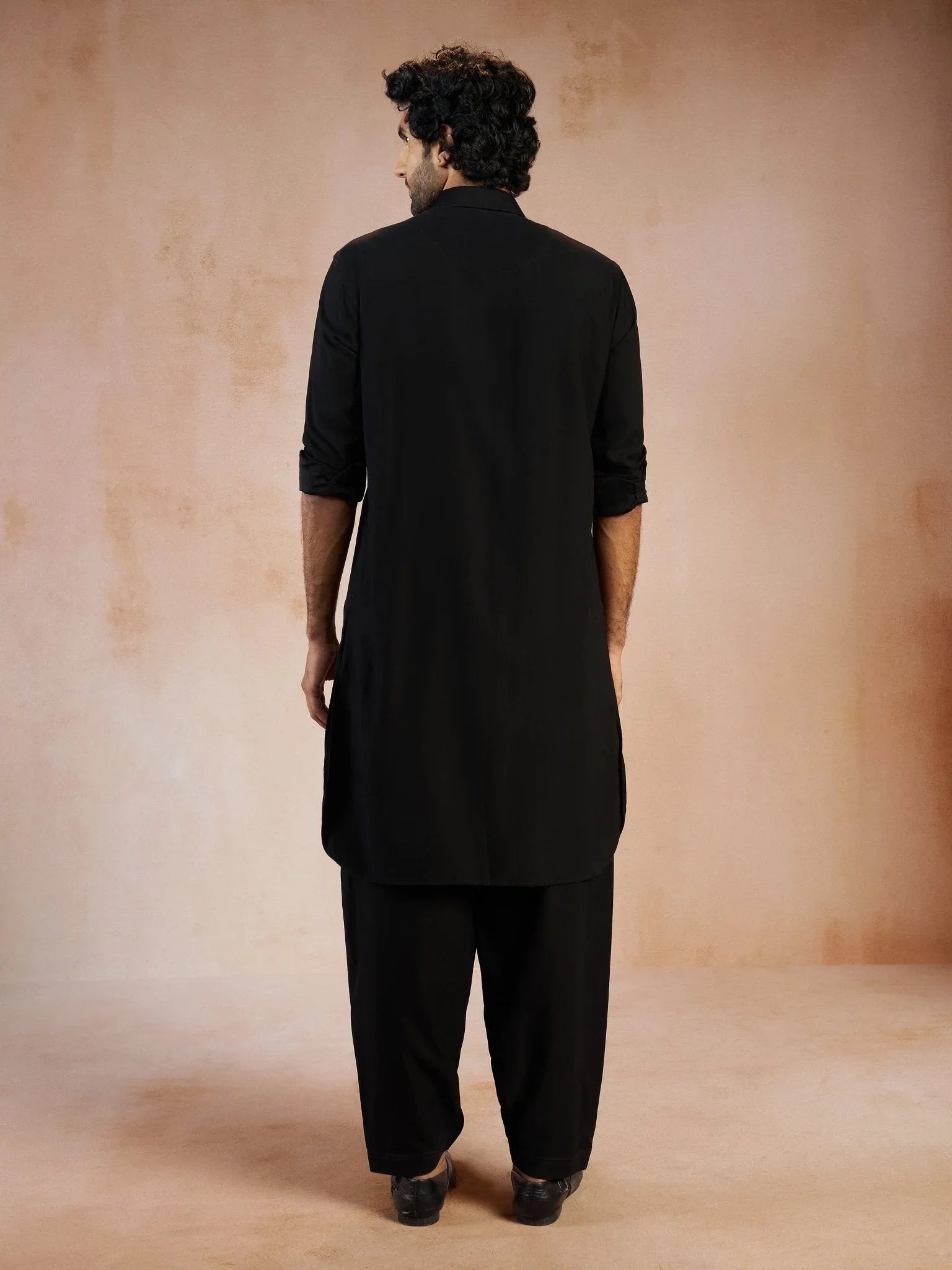 Men's Black Solid Silk Blend Pathani Kurta with Patiala Pyjama Set