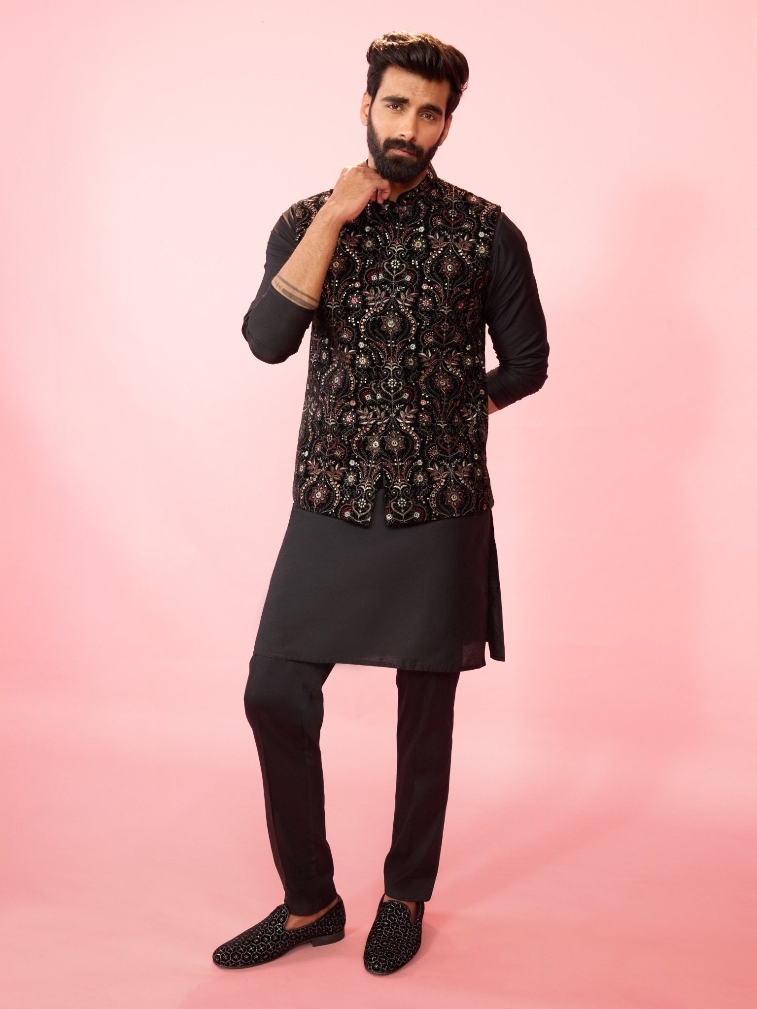 Men's Black Velvet Ethnic Motif Floral Thread Sequin Nehru Jacket