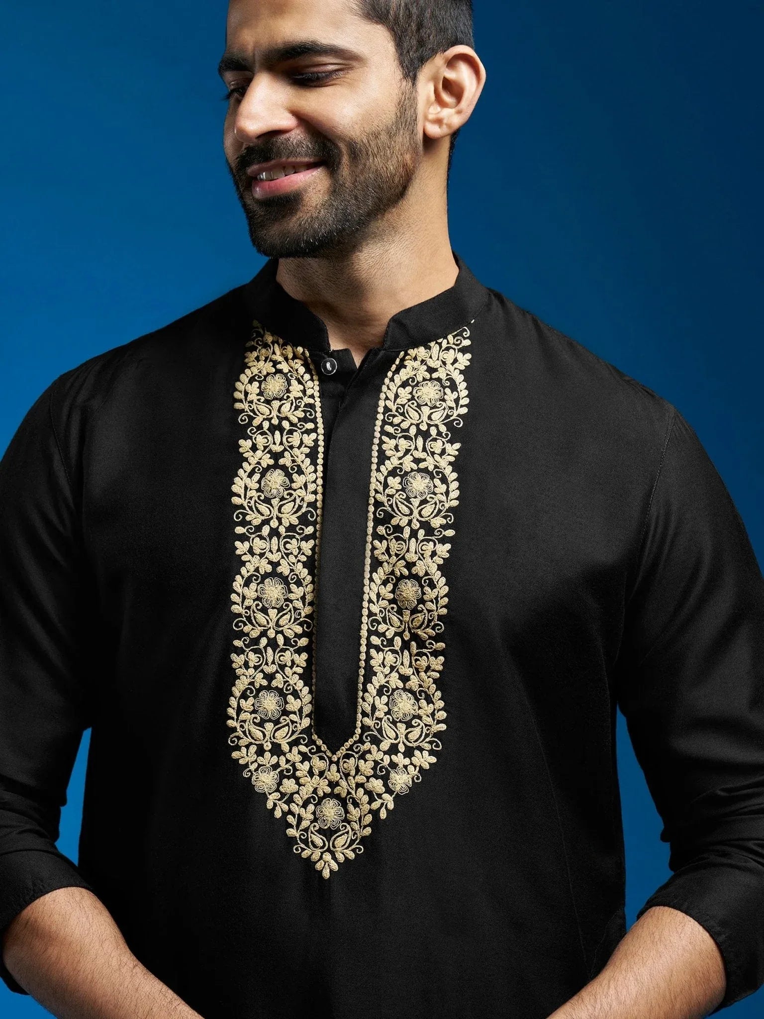 Men's Black Viscose Hand Embroidered Floral Kurta with Satin Pyjama