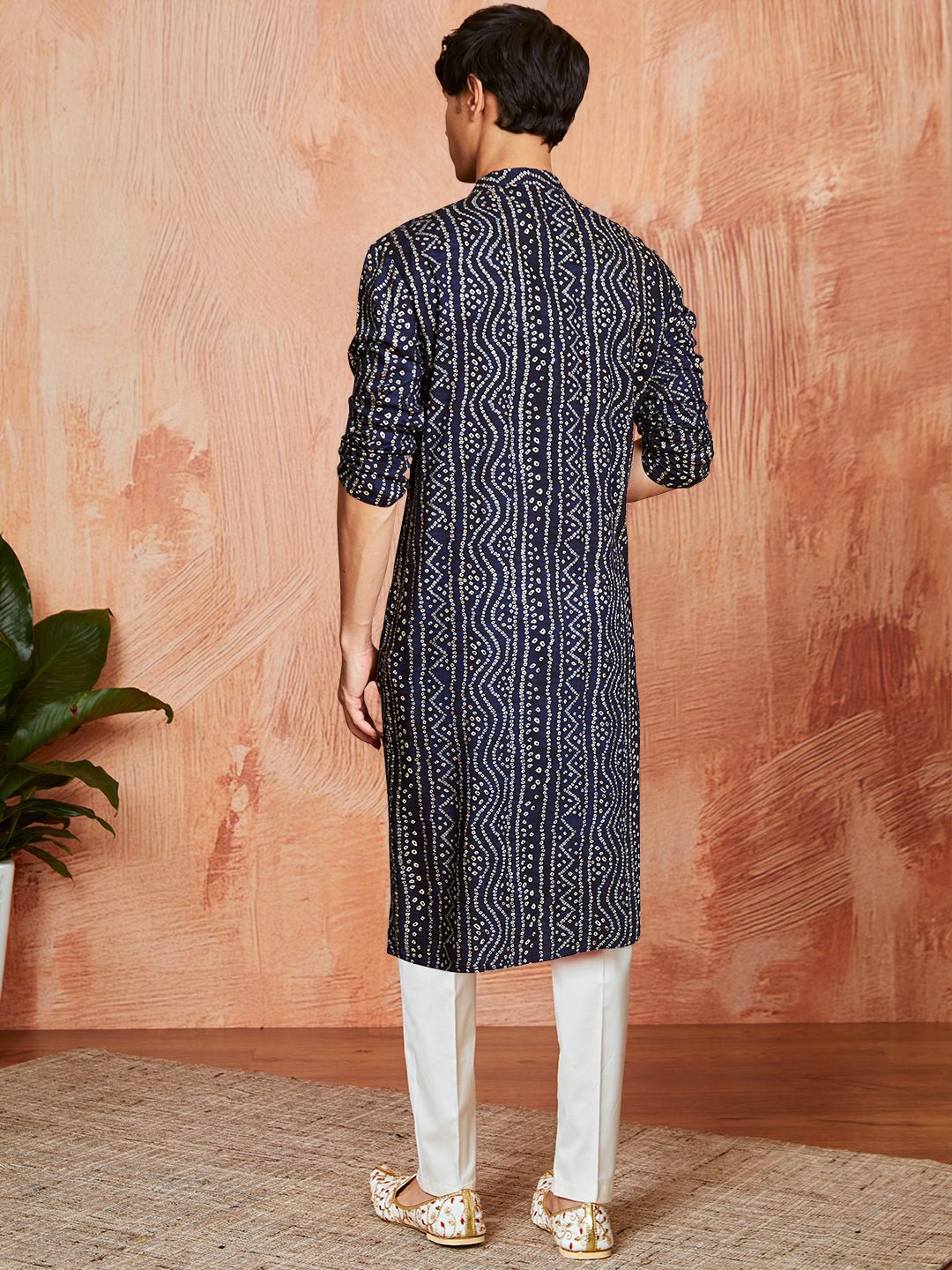 Men's Blue Bandhni Foil Print Rayon Kurta with Cream Pyjama