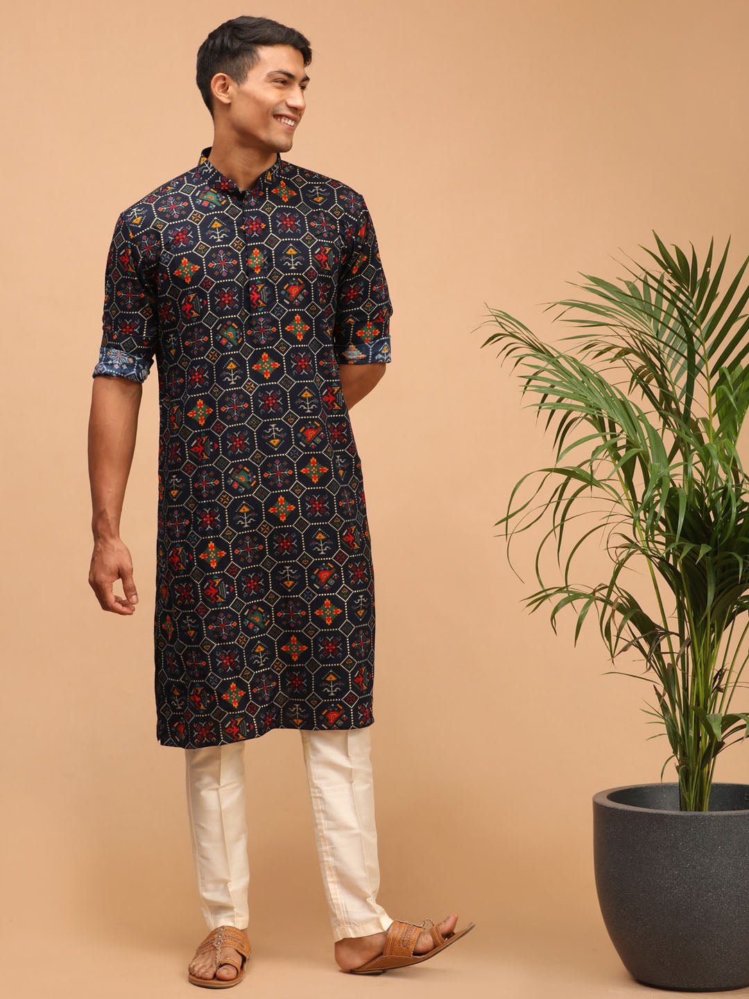 Men's Blue Patola Kurta & Pyjama Set with Cream Viscose Pyjama