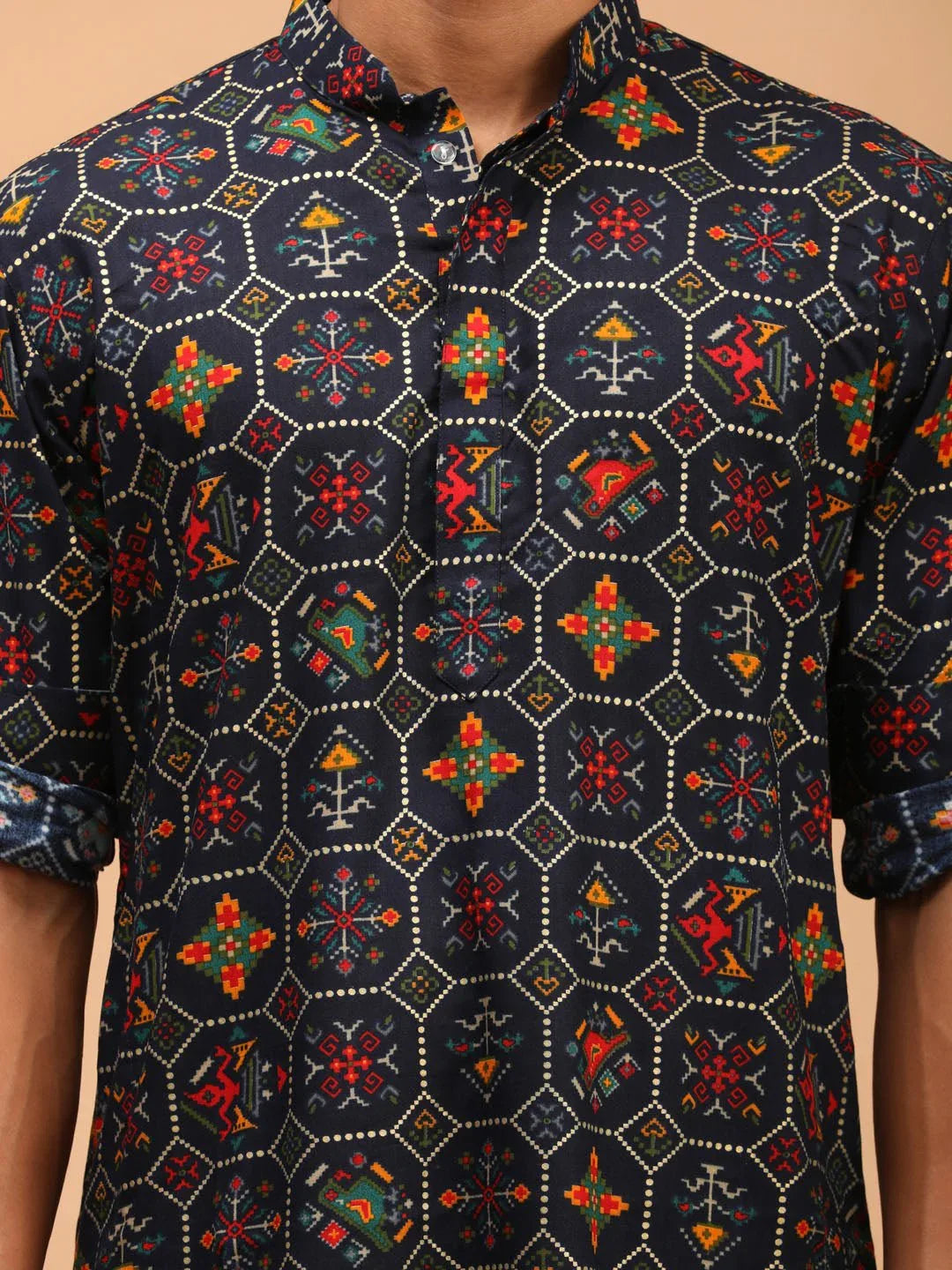 Men's Blue Printed Kurta Pyjama Set with Cream Viscose Pyjama