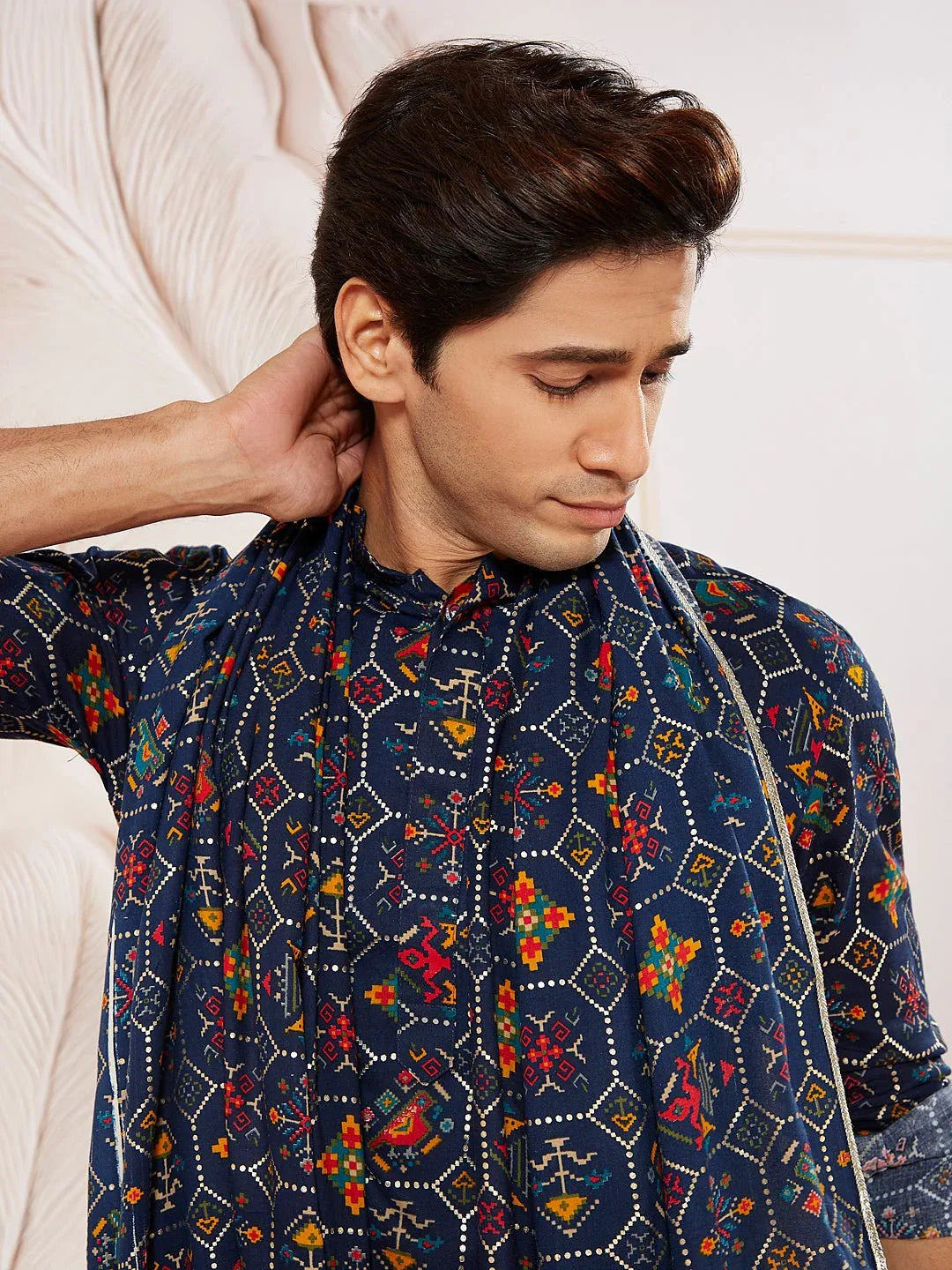 Men's Blue Printed Kurta Pyjama Set with Matching Dupatta