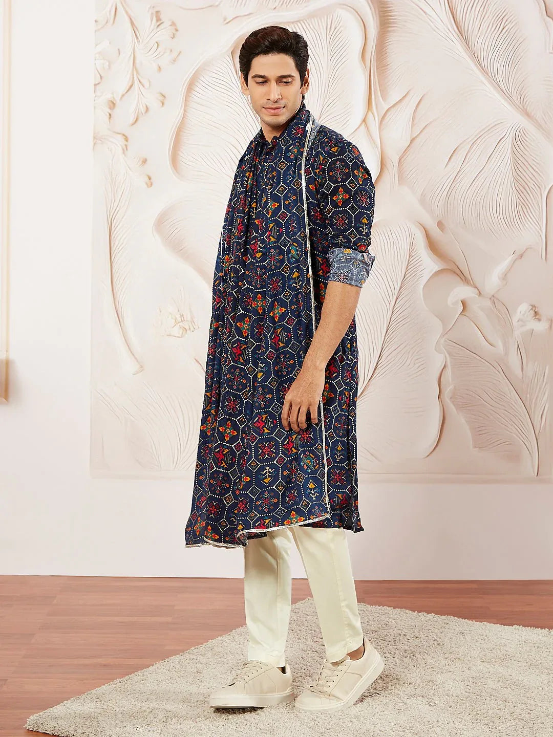Men's Blue Printed Kurta Pyjama Set with Matching Dupatta