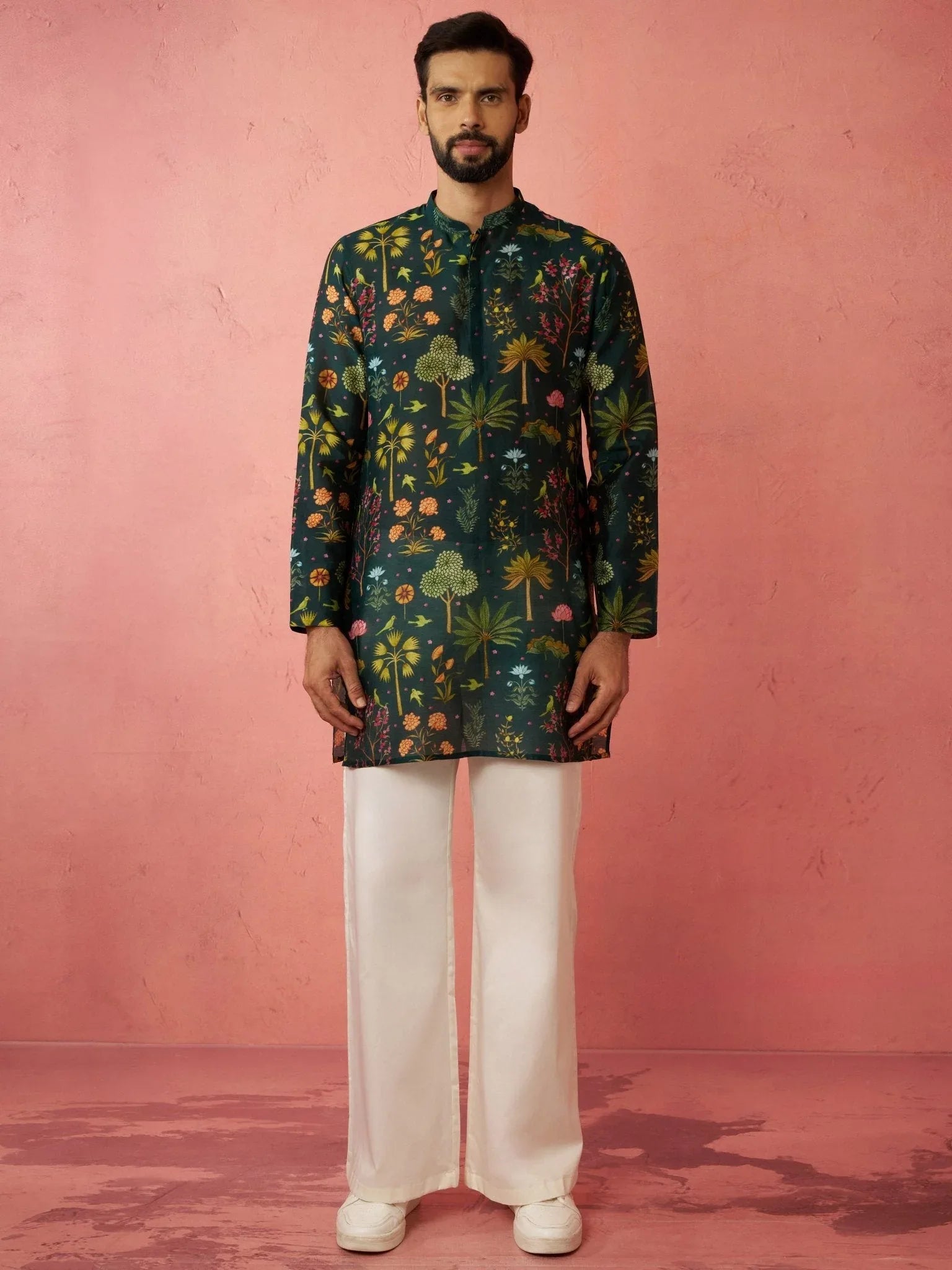 Men's Bottle Green Digital Print Kurta with Cream Satin Palazzo Set