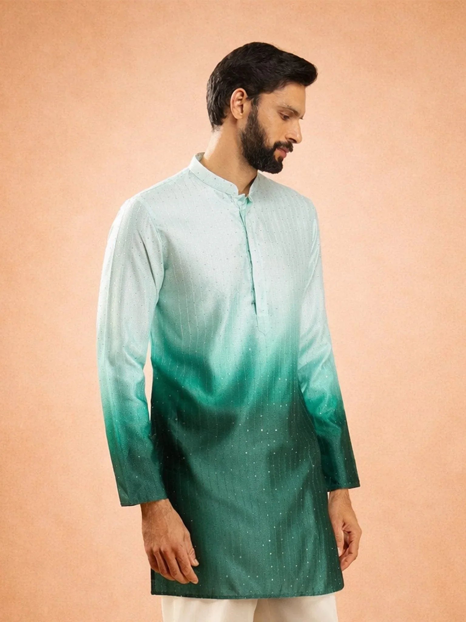 Men's Bottle Green Silk Blend Ombre Sequin Kurta