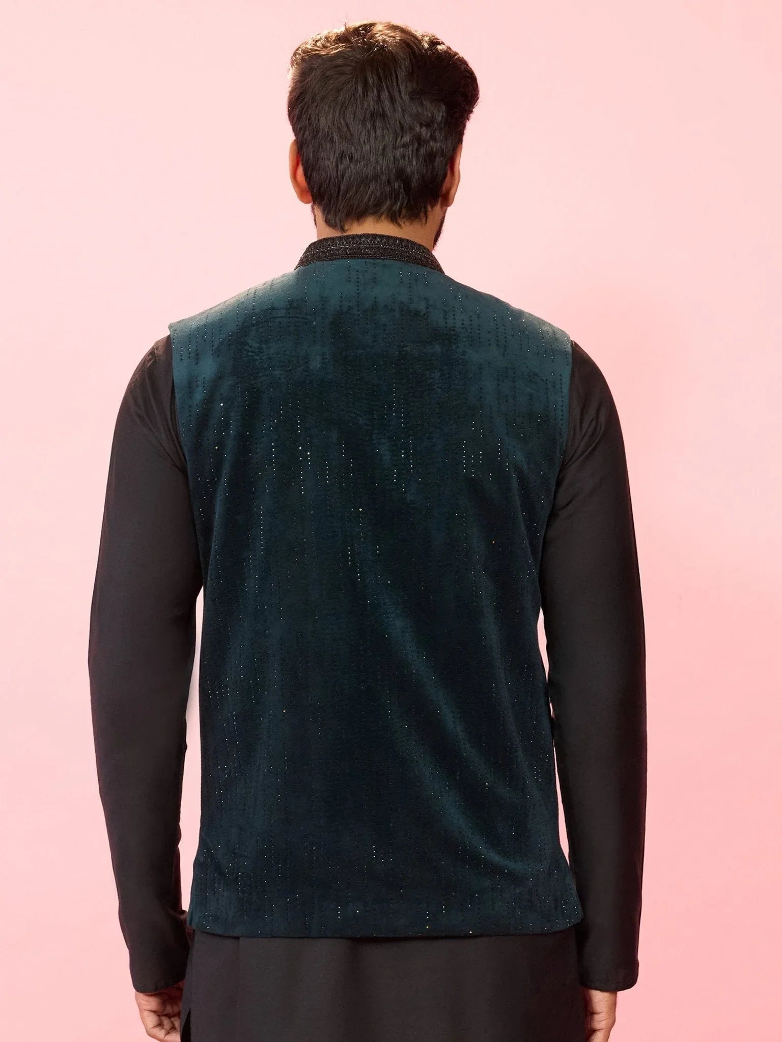 Men's Bottle Green Velvet Stone Work Sleeveless Nehru Jacket