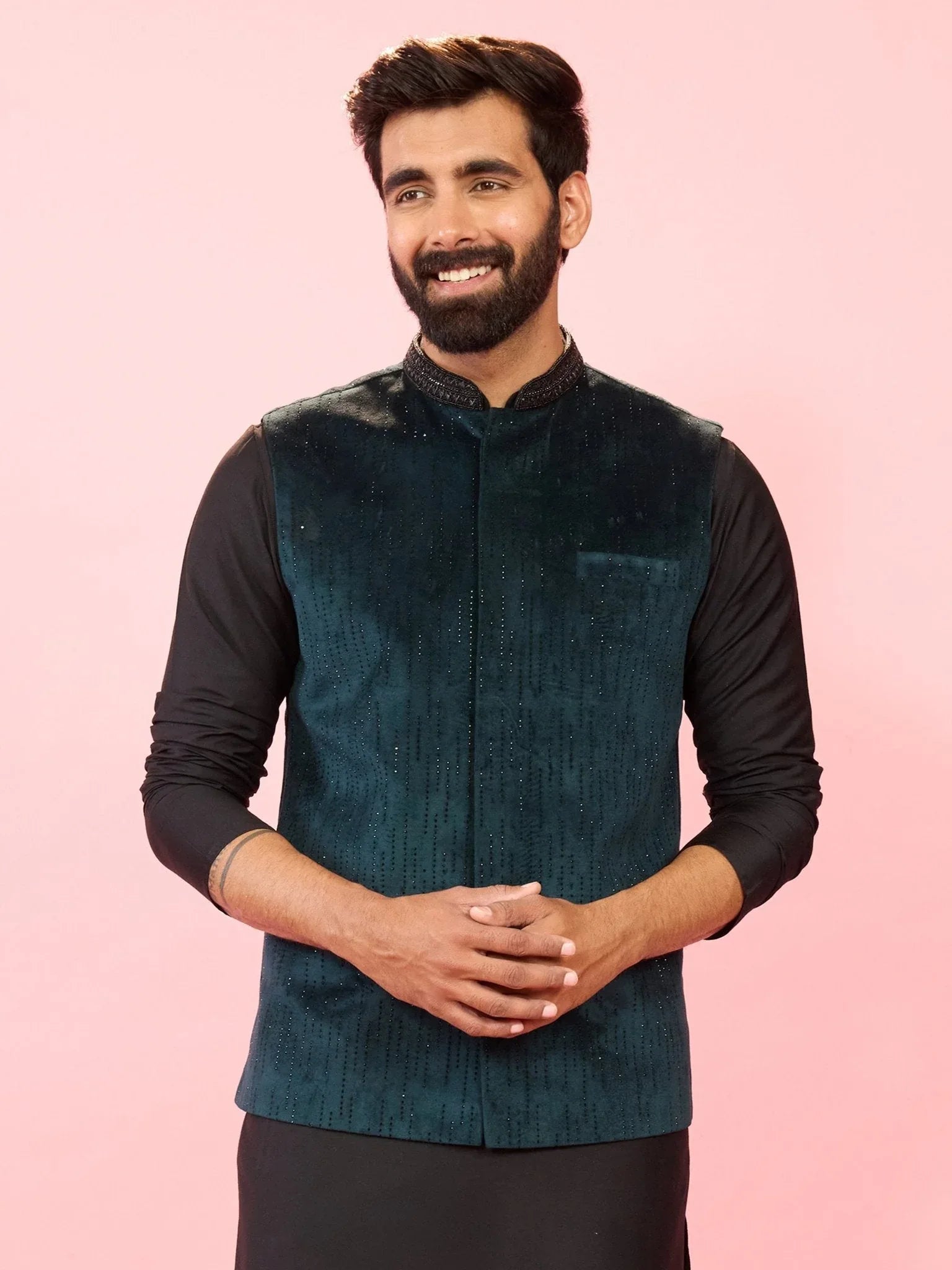 Men's Bottle Green Velvet Stone Work Sleeveless Nehru Jacket