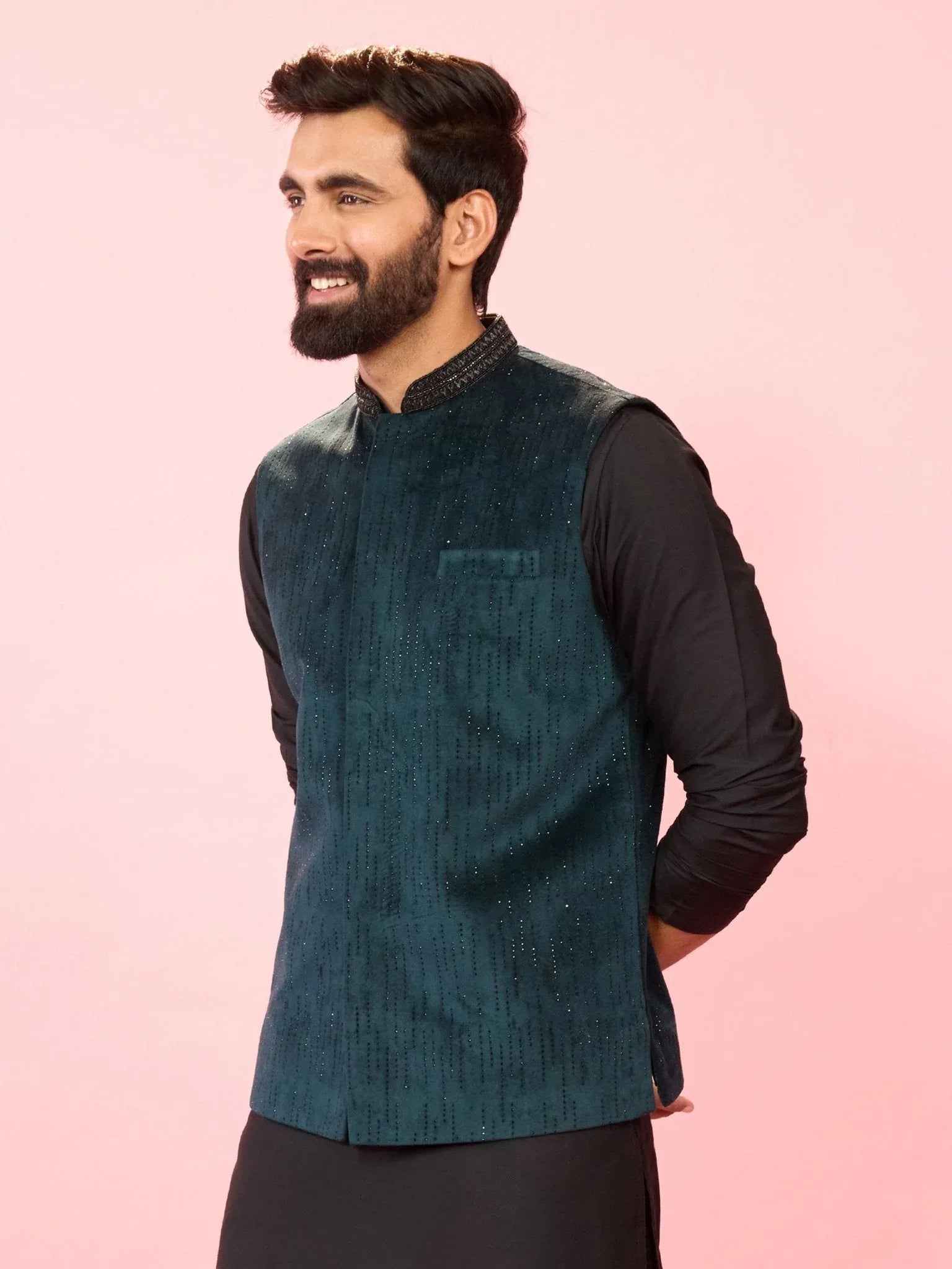 Men's Bottle Green Velvet Stone Work Sleeveless Nehru Jacket