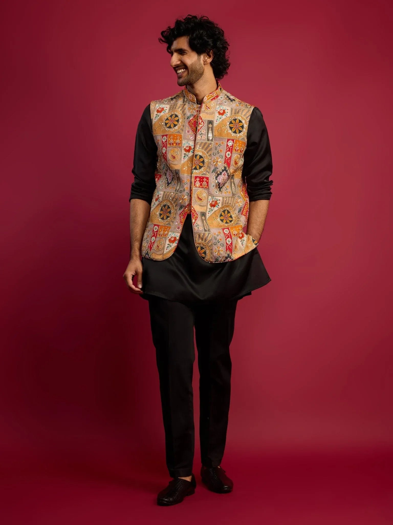 Men's Chiku Embroidered Nehru Jacket with Black Kurta & Pant Set