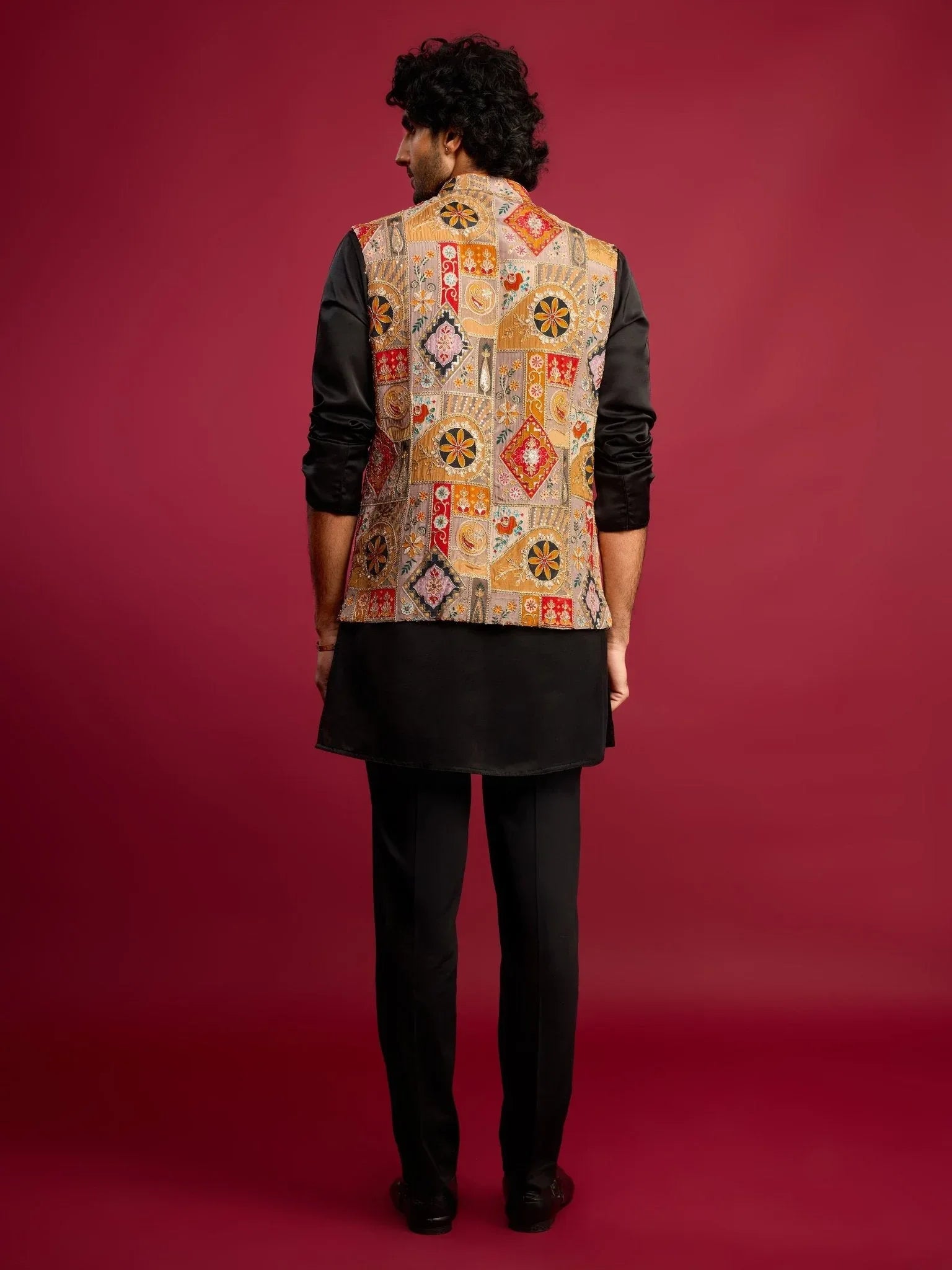 Men's Chiku Embroidered Nehru Jacket with Black Kurta & Pant Set