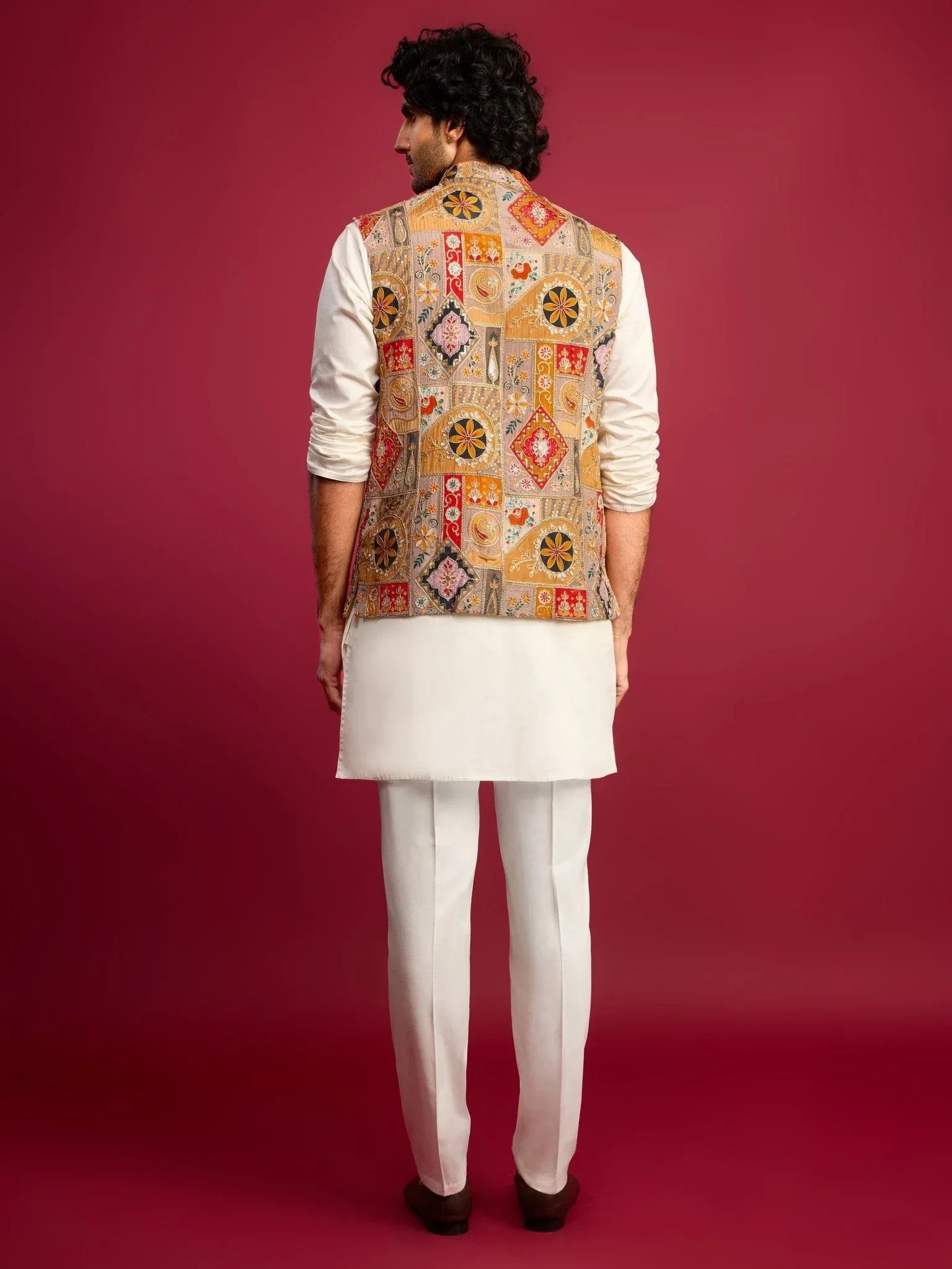 Men's Chiku Embroidered Nehru Jacket with Cream Kurta & Pant Set