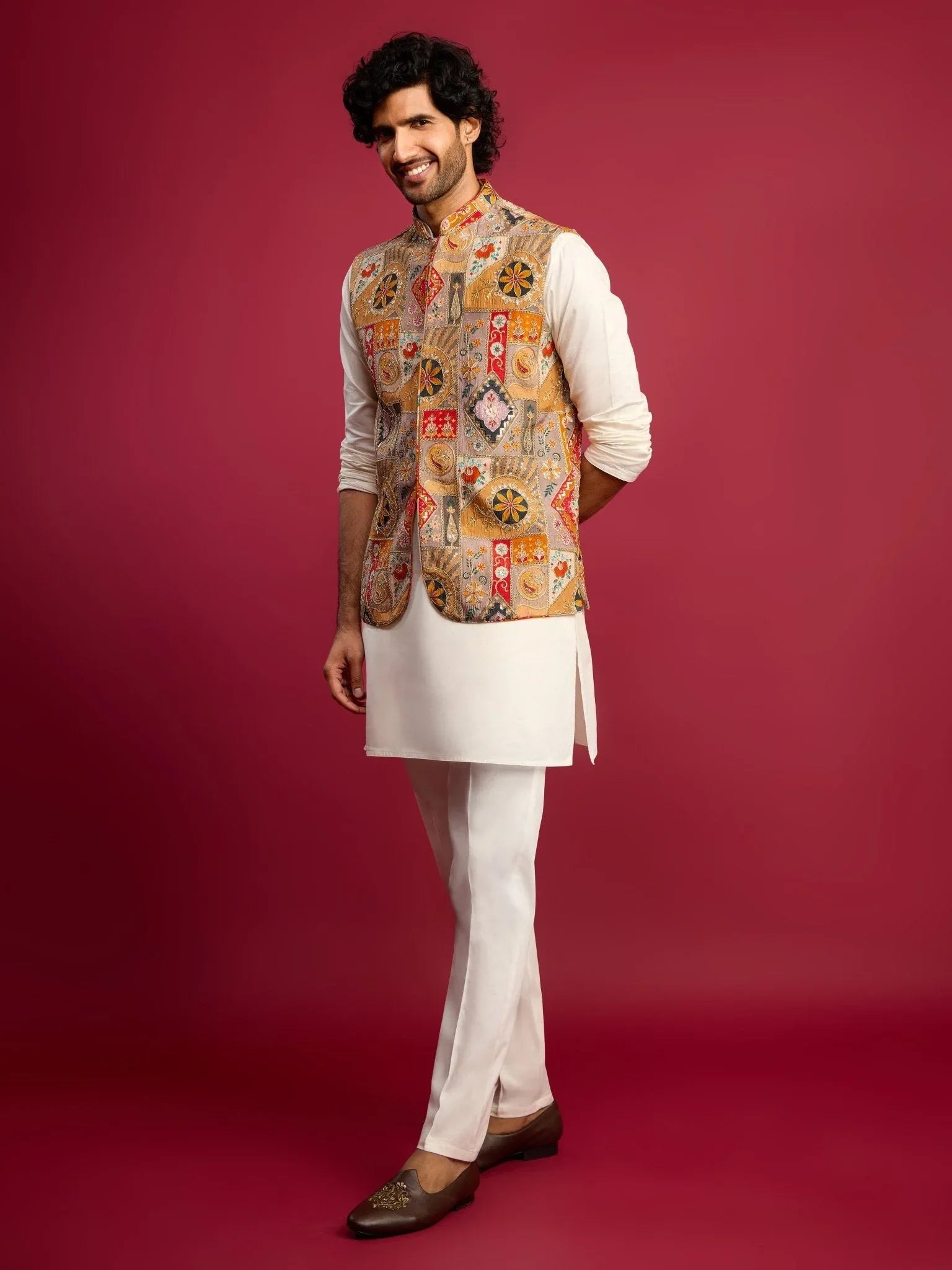 Men's Chiku Embroidered Nehru Jacket with Cream Kurta & Pant Set