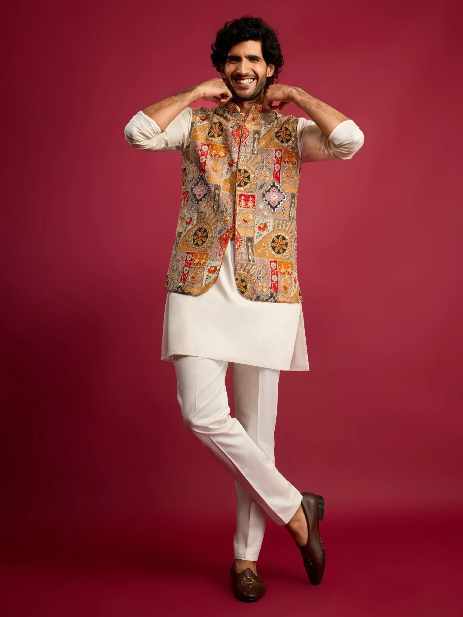 Men's Chiku Embroidered Nehru Jacket with Cream Kurta & Pant Set