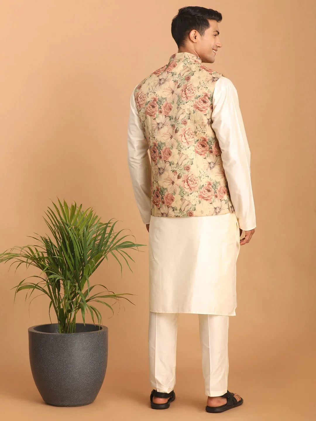 Men's Chiku Floral Print Nehru Jacket with Cream Kurta Pyjama Set