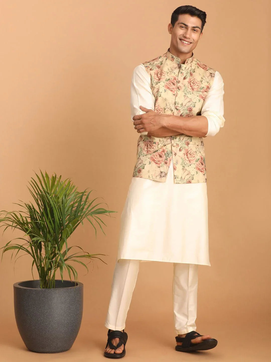 Men's Chiku Floral Print Nehru Jacket with Cream Kurta Pyjama Set