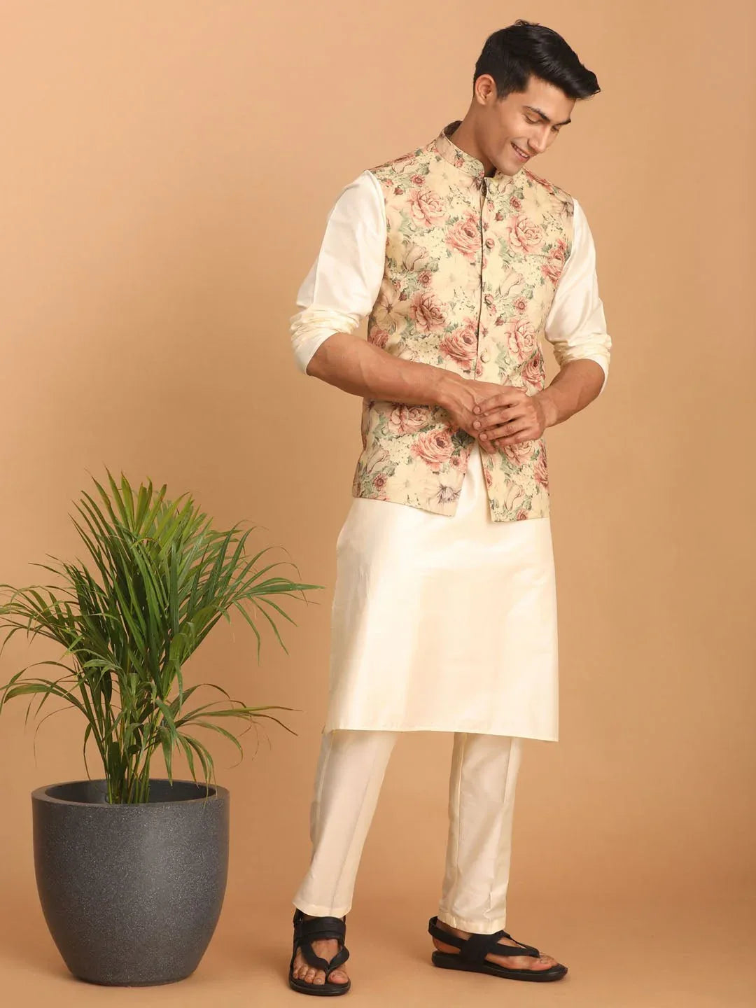 Men's Chiku Floral Print Nehru Jacket with Cream Kurta Pyjama Set