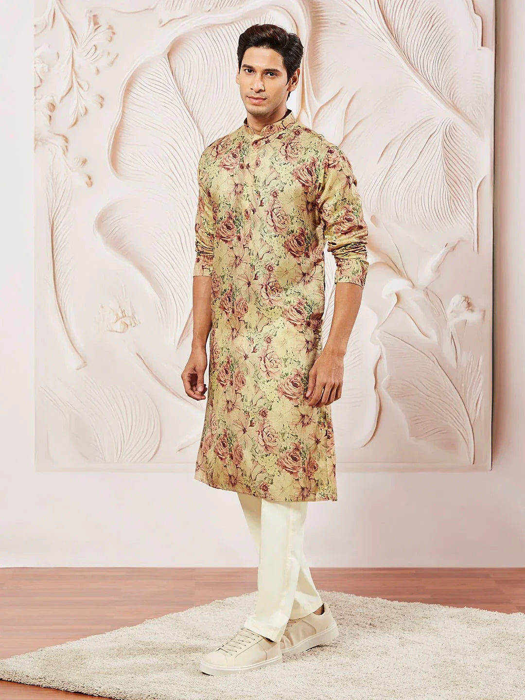 Men's Chiku Printed Kurta Pyjama Set with Cream Viscose Pyjama
