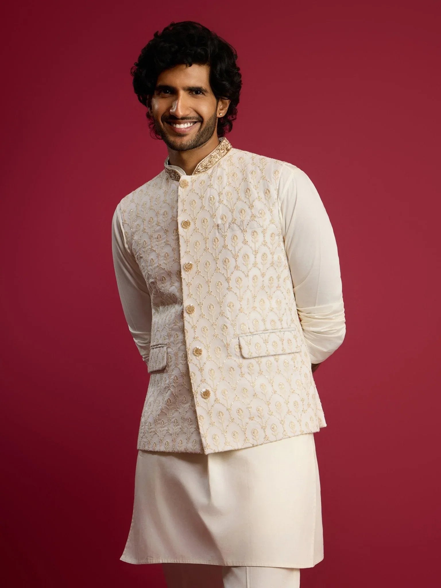 Men's Cream Embroidered Georgette Nehru Jacket