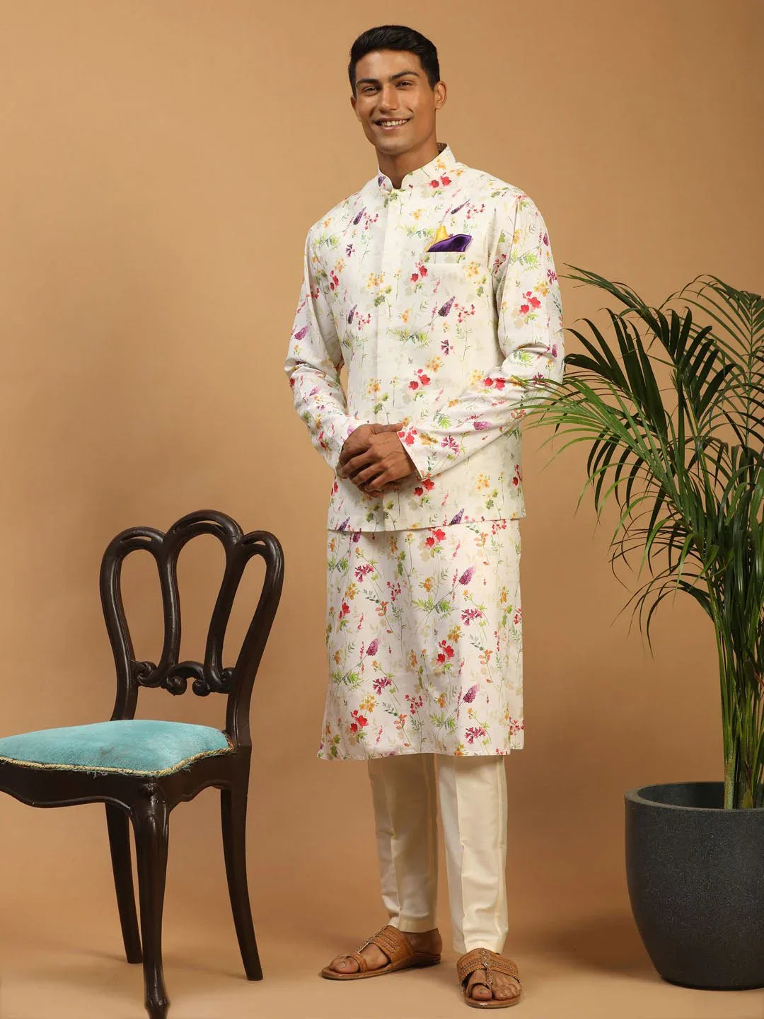 Men's Cream Floral Digital Print Nehru Jacket Kurta Pyjama Set