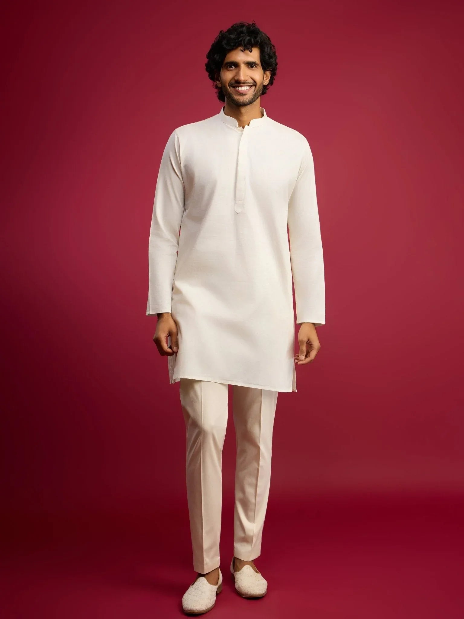 Men's Cream Floral Embroidered Nehru Jacket Set with Fine Satin Kurta & Pant Style Pyjama
