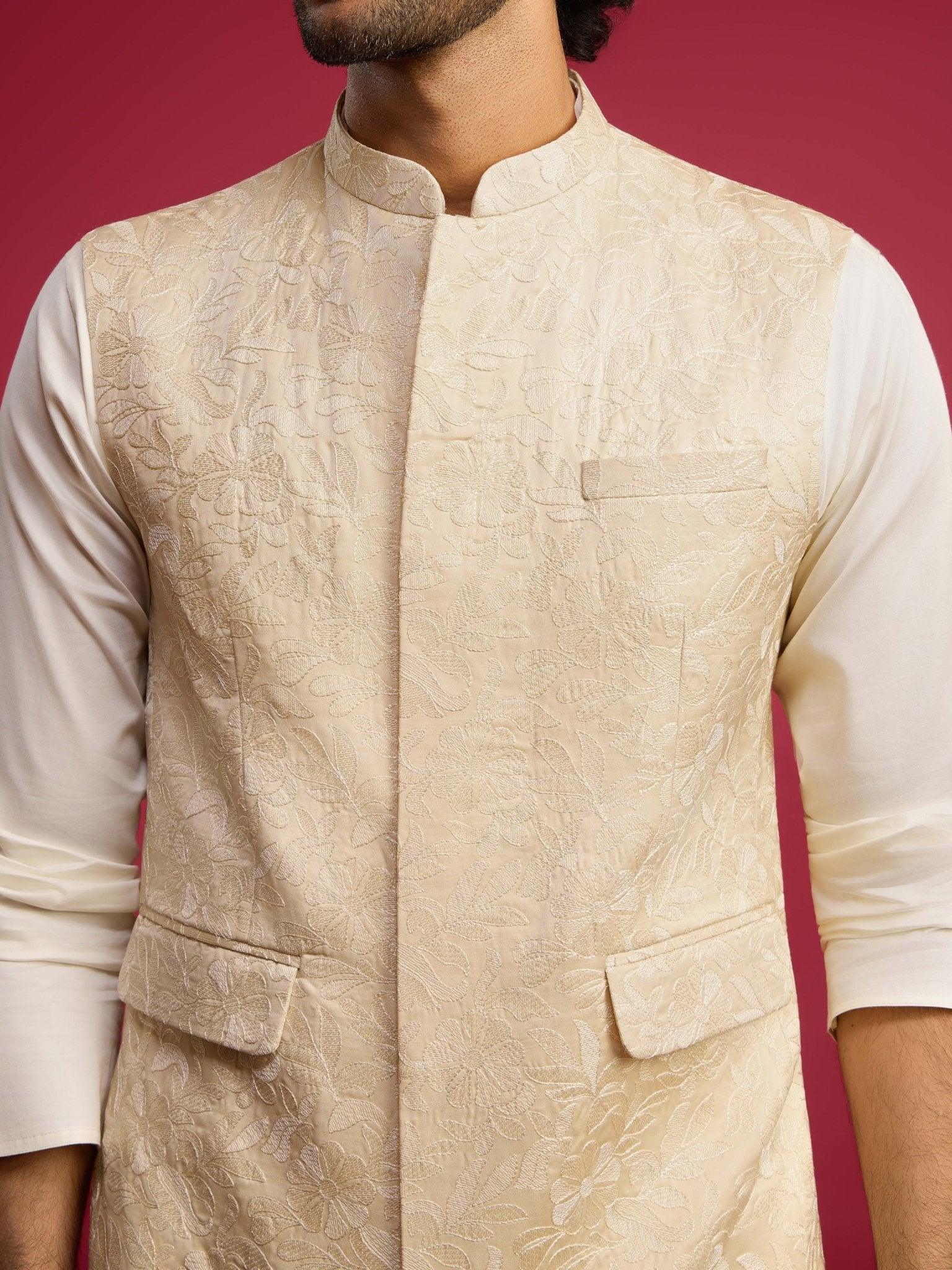 Men's Cream Floral Embroidered Nehru Jacket Set with Fine Satin Kurta & Pant Style Pyjama