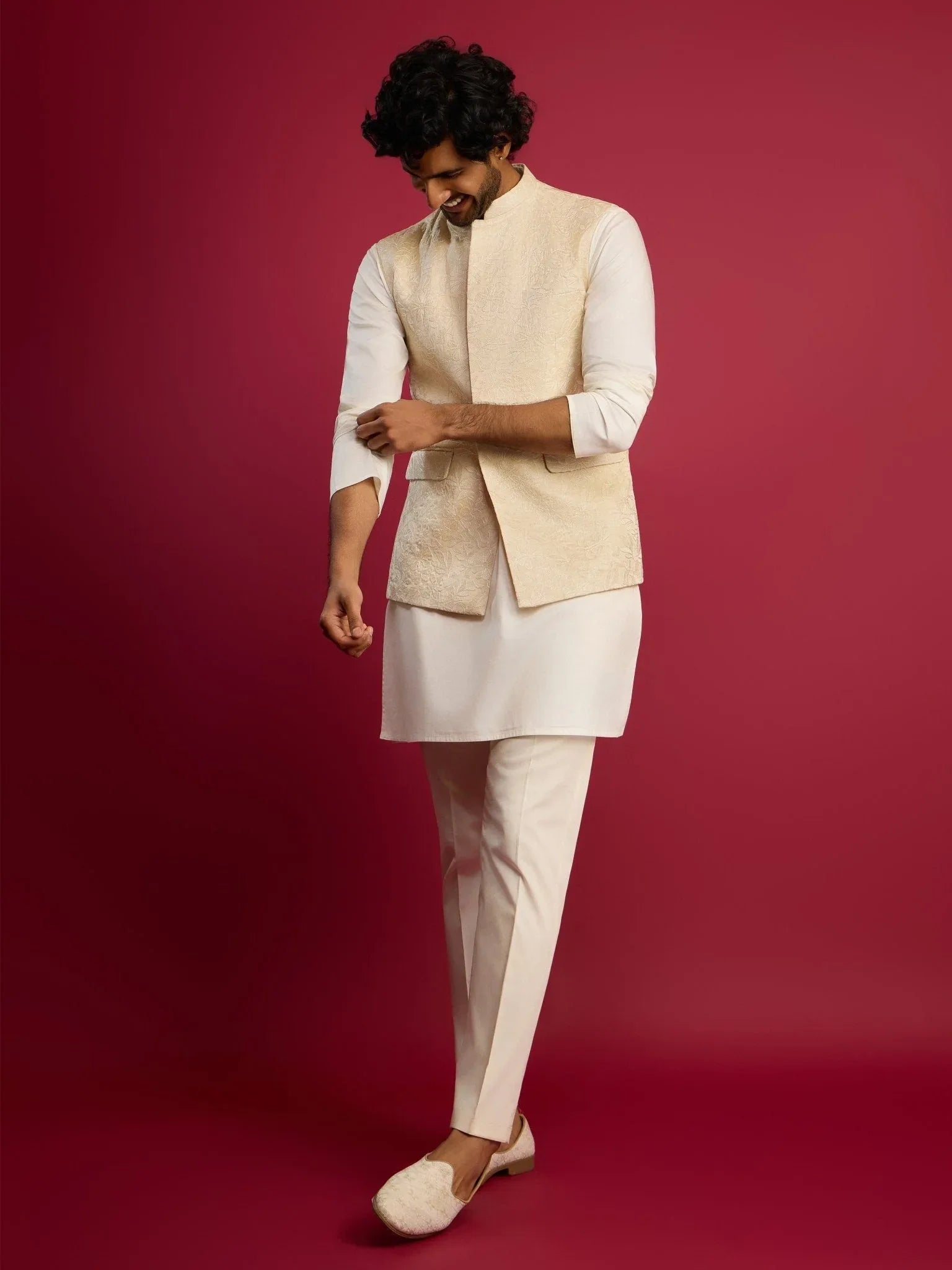 Men's Cream Floral Embroidered Nehru Jacket Set with Fine Satin Kurta & Pant Style Pyjama