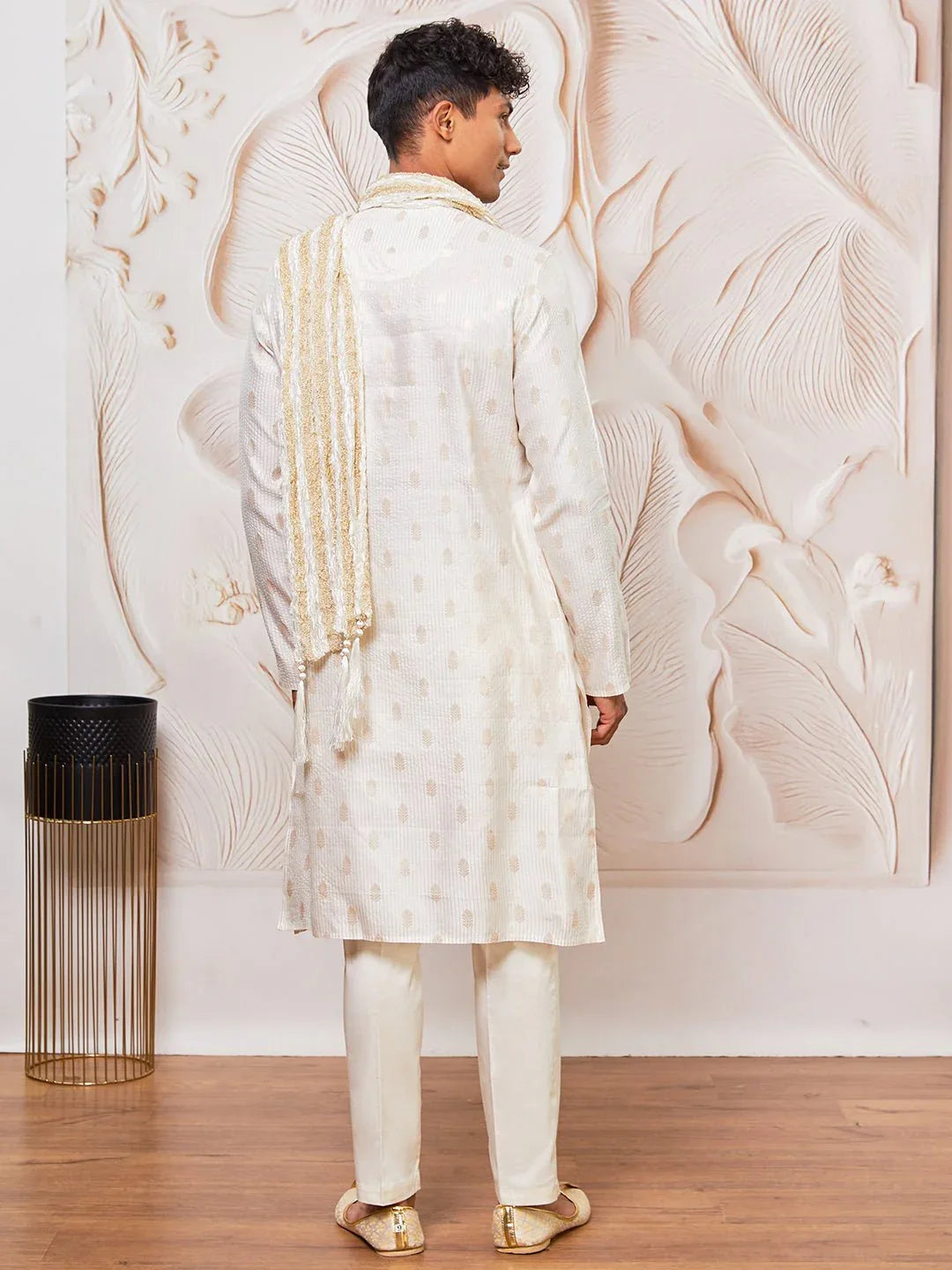 Men's Cream Gold Jacquard Silk Blend Kurta Pyjama Set with White Crushed Dupatta