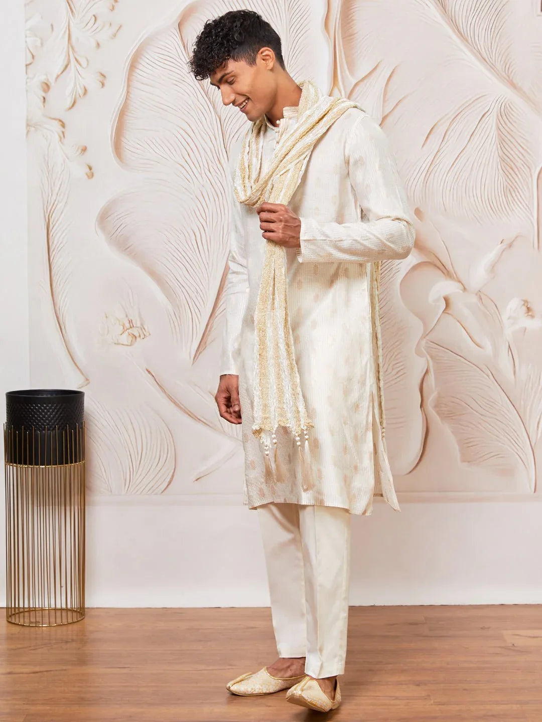 Men's Cream Gold Jacquard Silk Blend Kurta Pyjama Set with White Crushed Dupatta