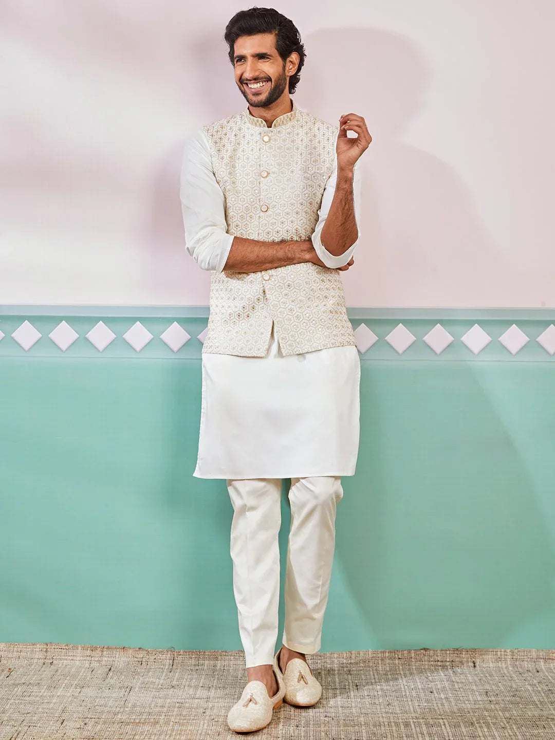 Men's Cream Kurta Pyjama Set with Off White Embroidered Nehru Jacket