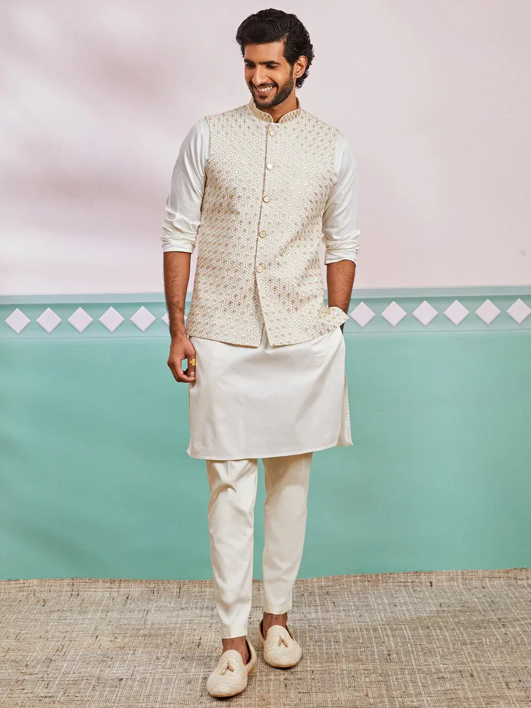 Men's Cream Kurta Pyjama Set with Off White Embroidered Nehru Jacket