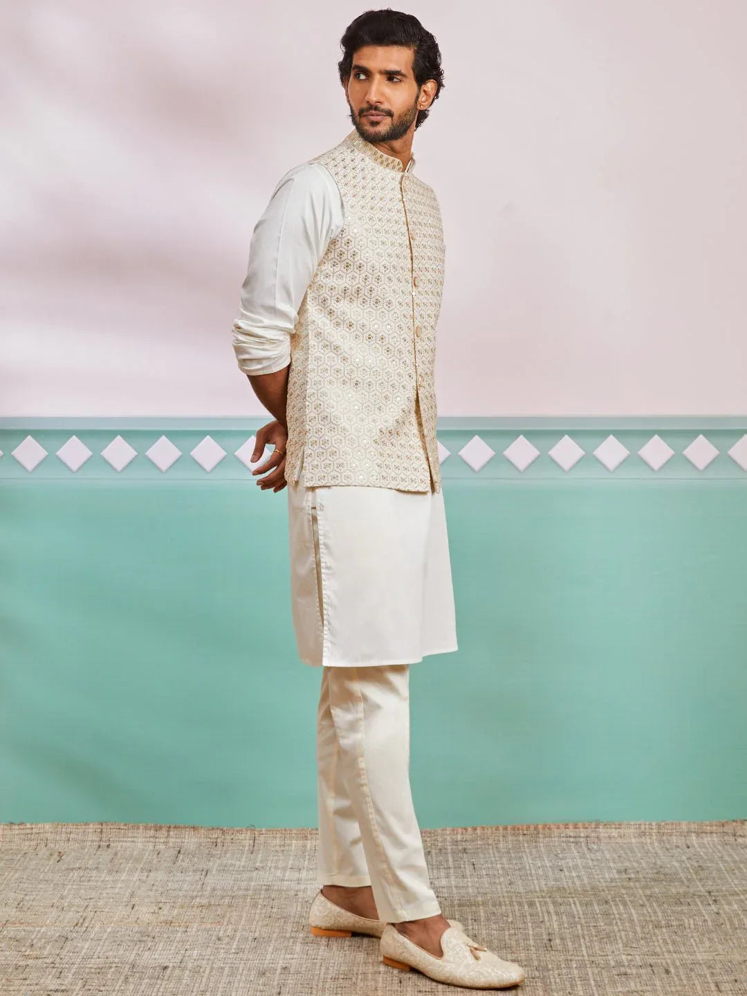 Men's Cream Kurta Pyjama Set with Off White Embroidered Nehru Jacket