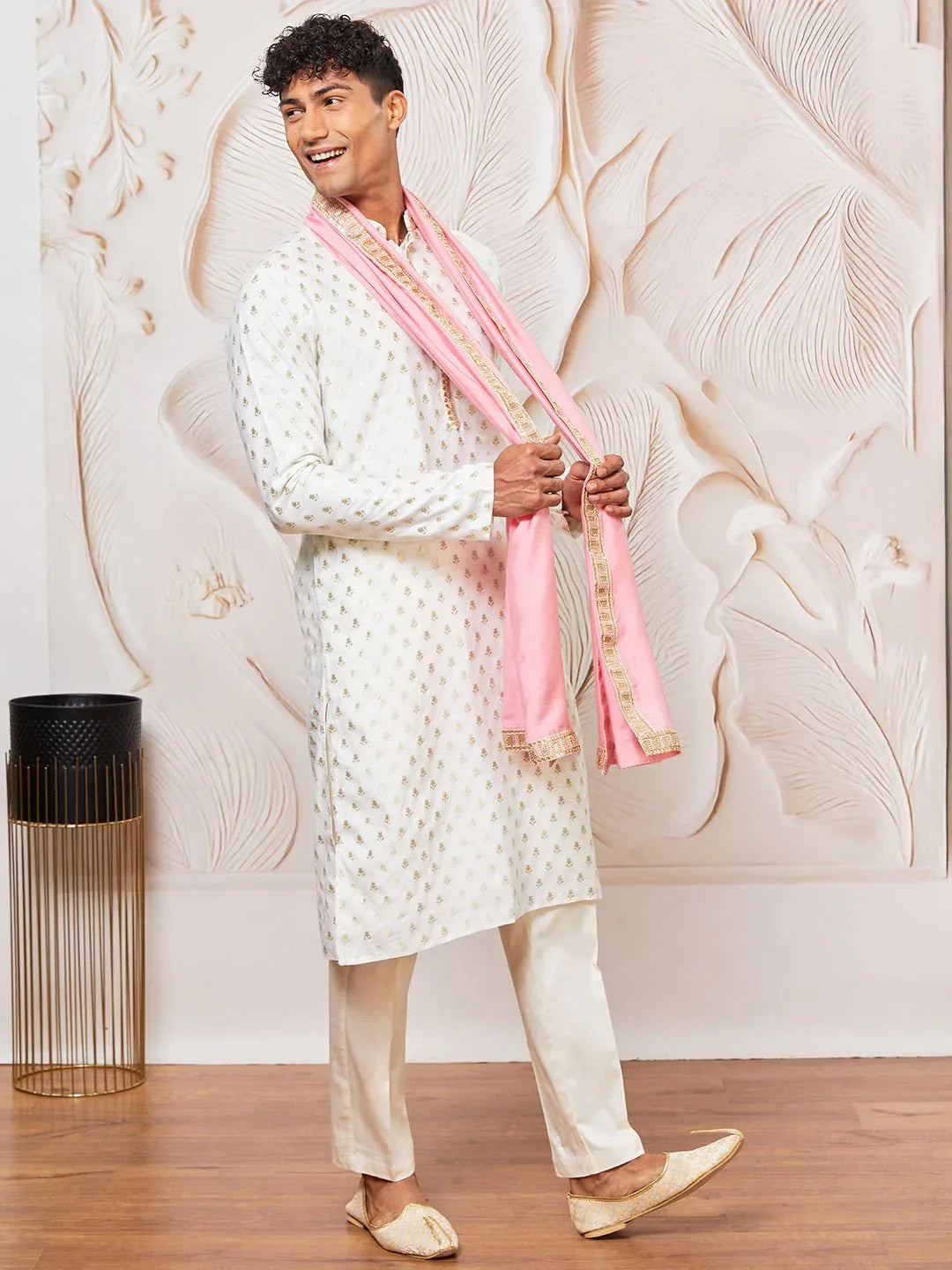 Men's Cream Kurta Pyjama with Embroidered Pink Dupatta Set