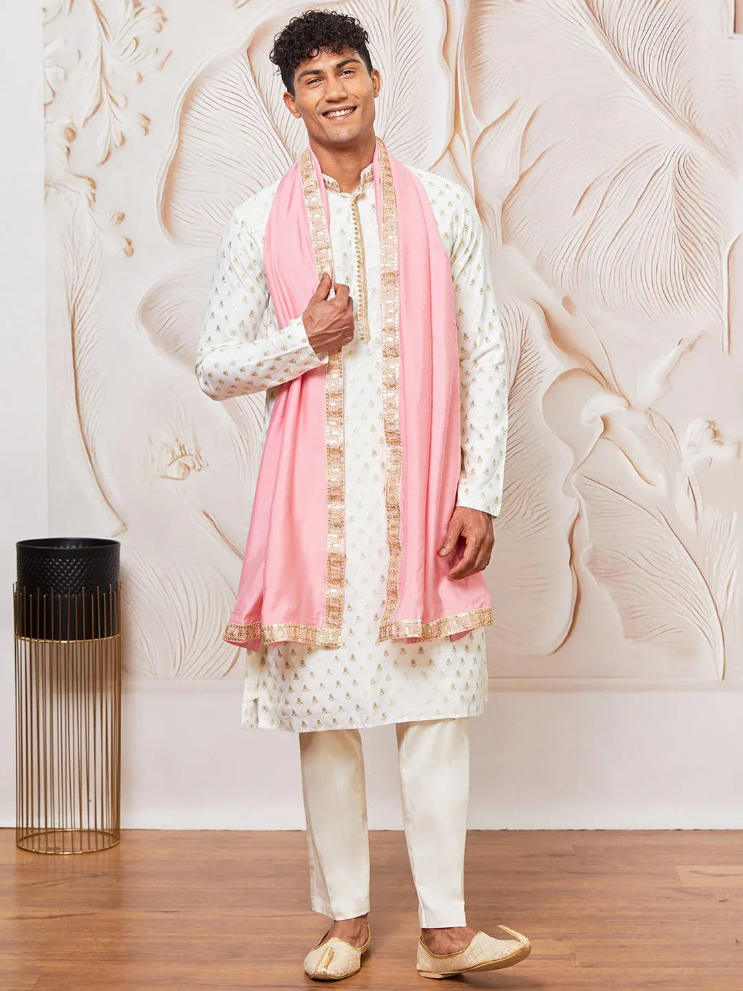 Men's Cream Kurta Pyjama with Embroidered Pink Dupatta Set