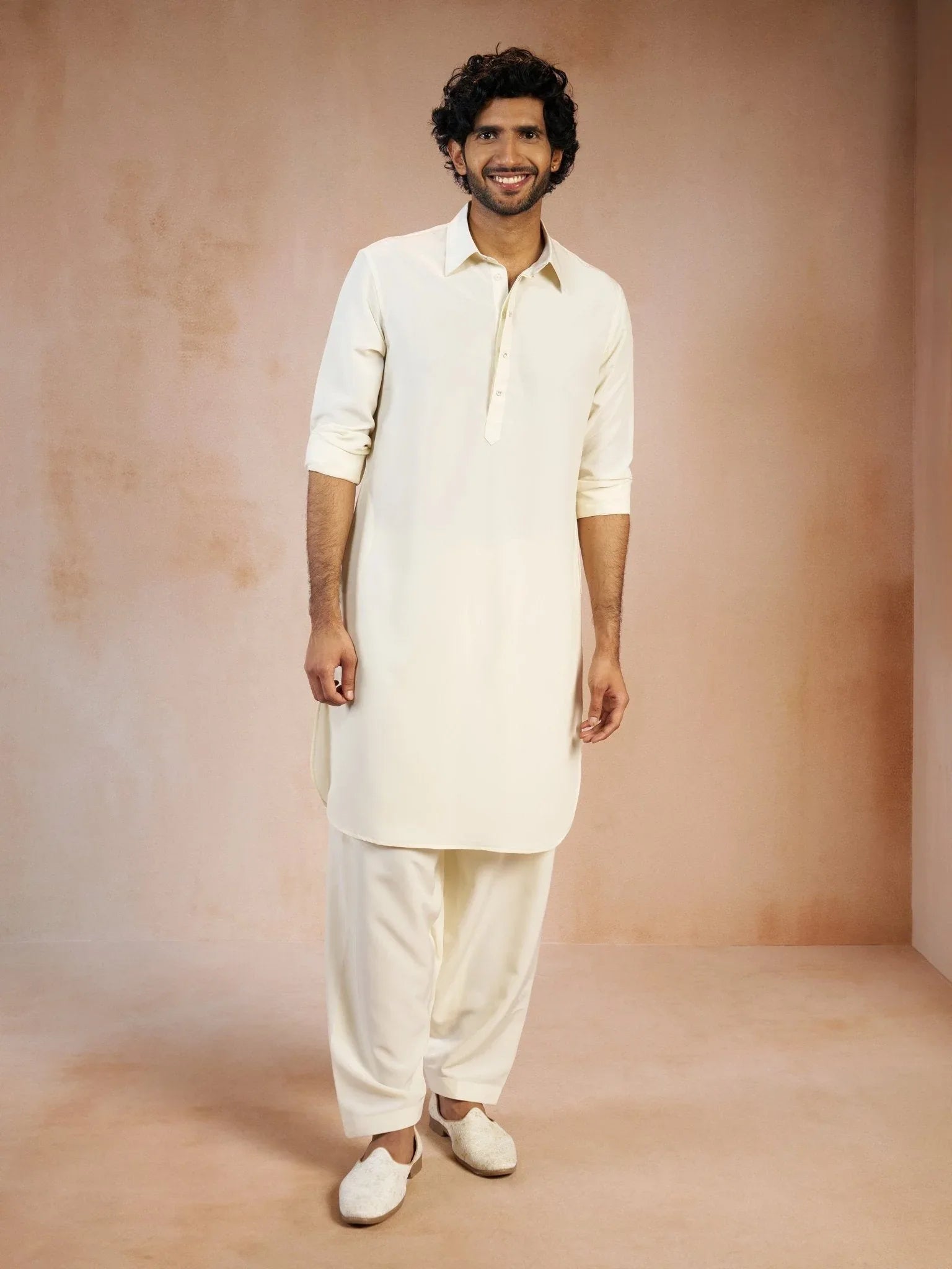 Men's Cream Solid Silk Blend Pathani Kurta with Patiala Pyjama Set