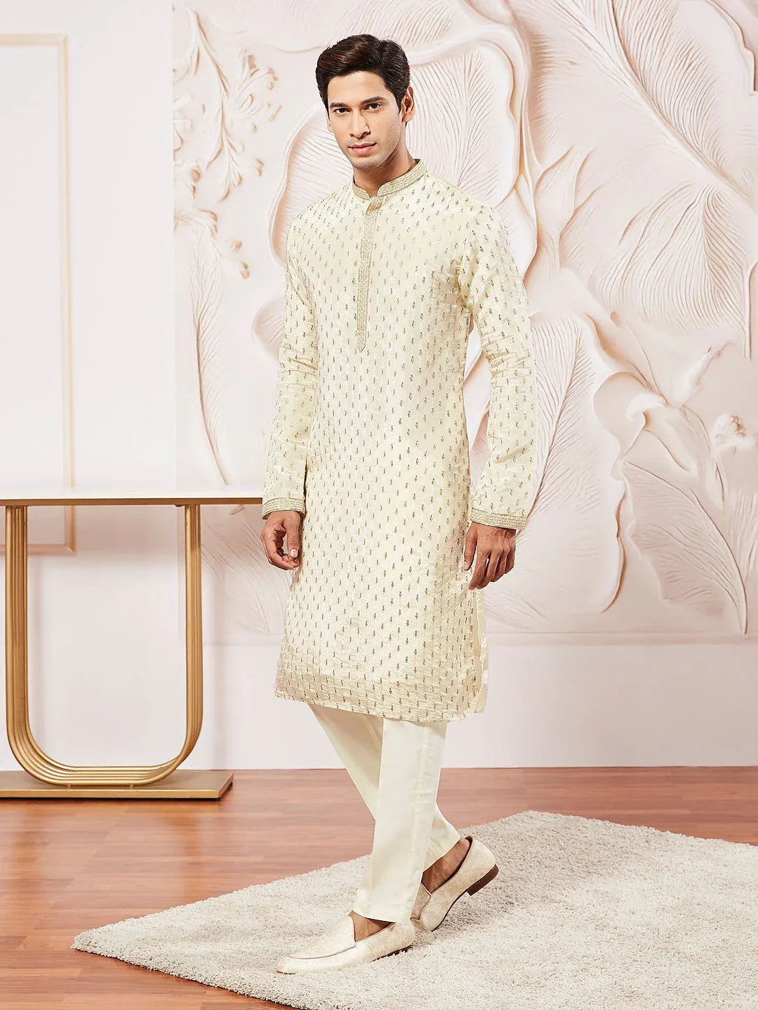 Men's Cream Tissue Silk Zari Embroidered Kurta with Satin Pyjama Set