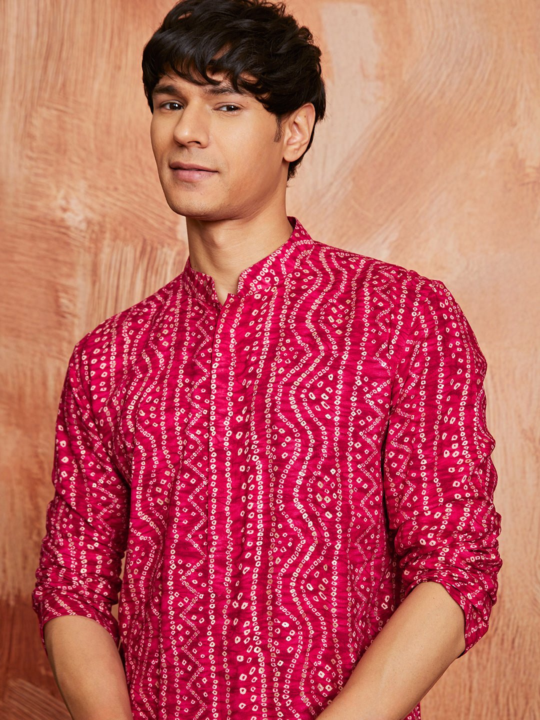 Men's Falsa Bandhni Foil Print Rayon Kurta with Cream Pyjama