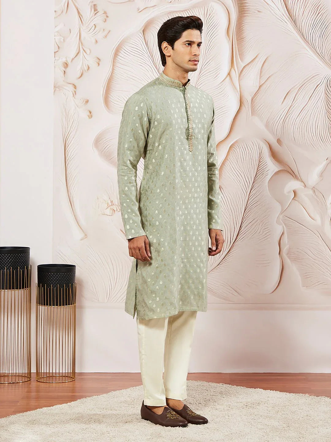 Men's Green Jacquard Silk Blend Kurta Pyjama Set