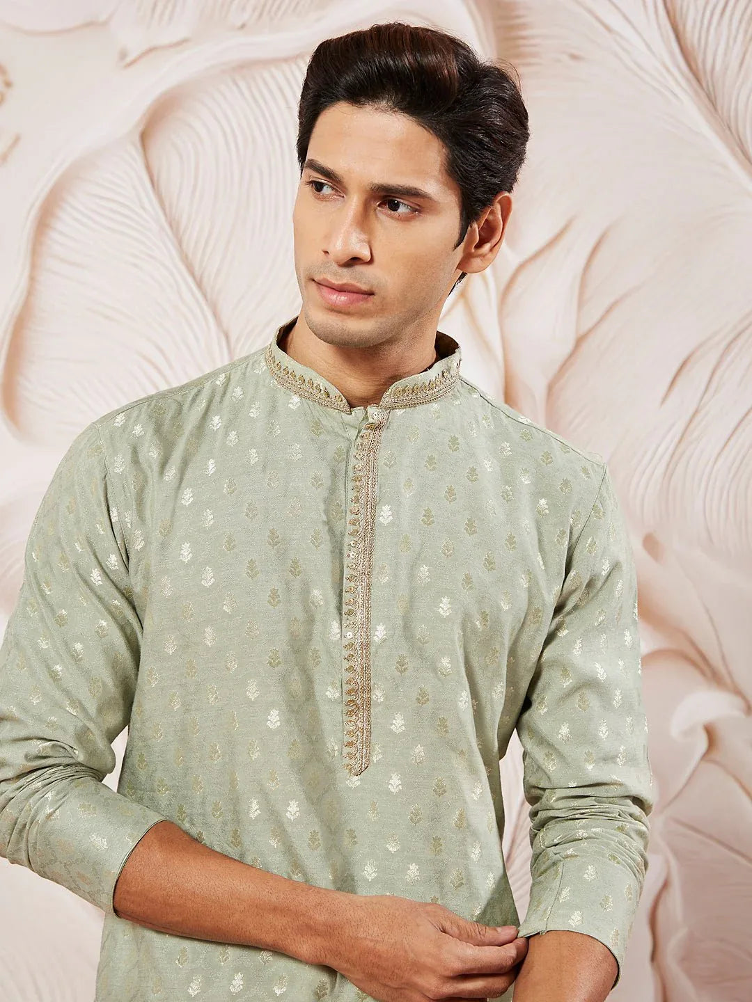 Men's Green Kurta Pyjama with Woven Dupatta Set
