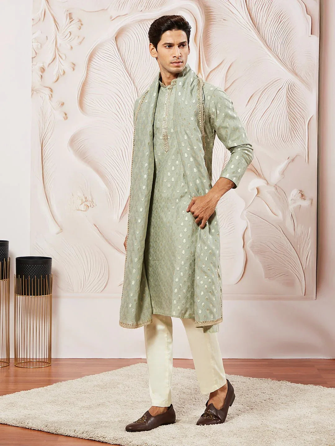 Men's Green Kurta Pyjama with Woven Dupatta Set