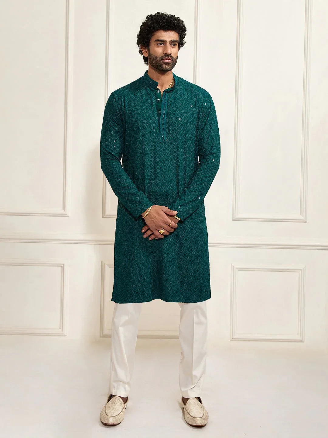 Men’s Green Shifli Sequin Embroidered Kurta with cream Pyjama Set