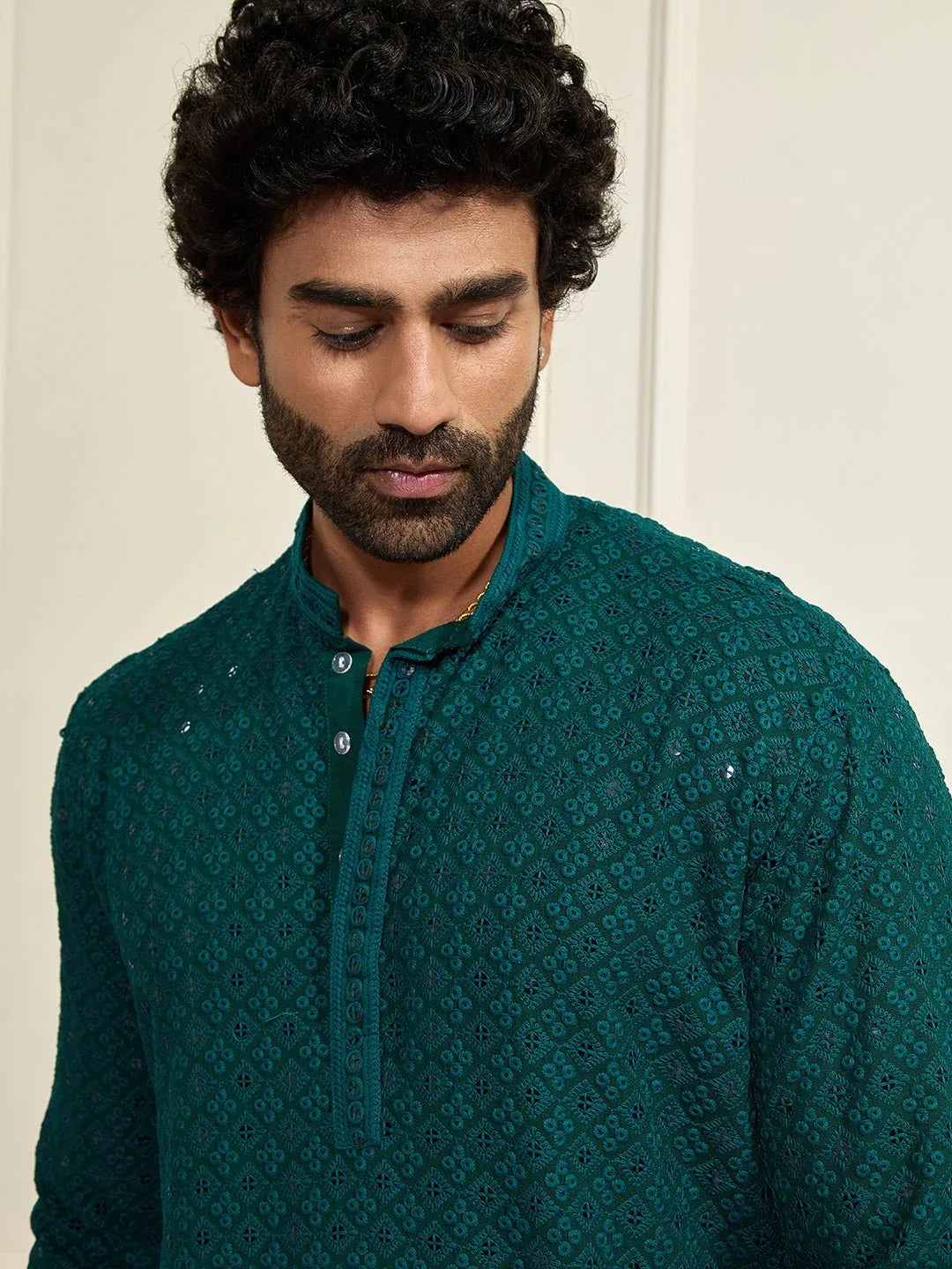Men’s Green Shifli Sequin Embroidered Kurta with cream Pyjama Set