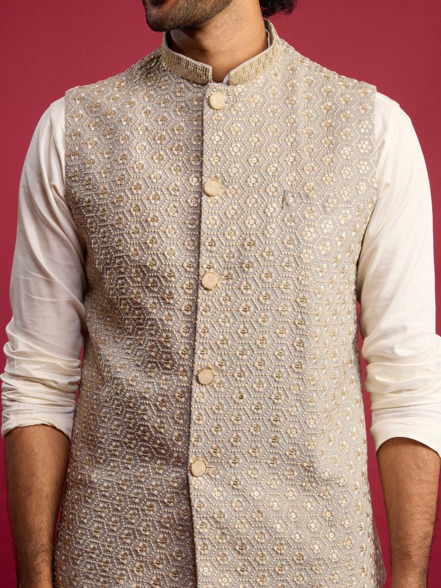 Men's Grey Chikankari Nehru Jacket with Cream Satin Kurta Pant Set